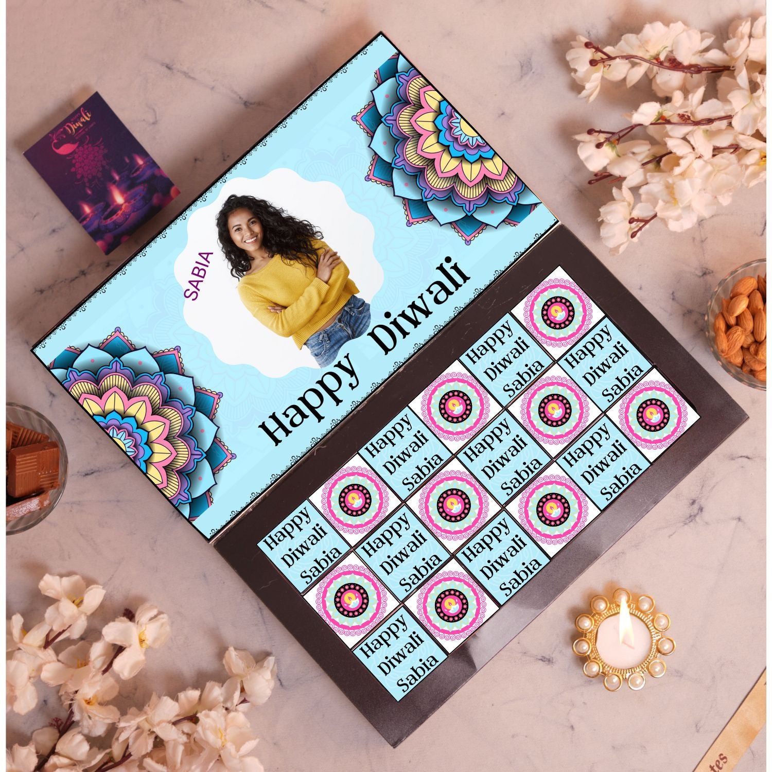 Customised Diwali Chocolate Gift Box - 12 Pieces With Name And Image Customisation