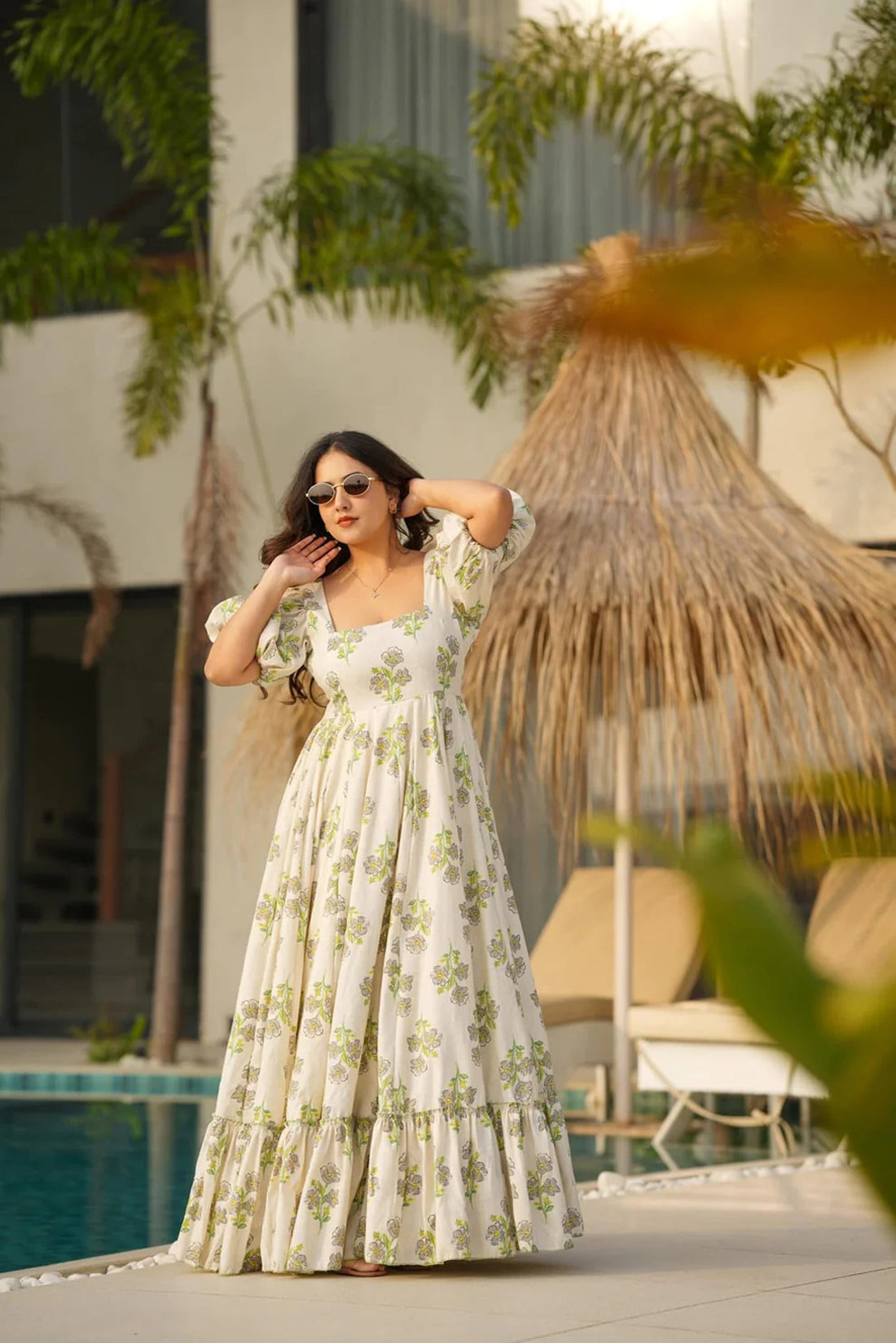 Women's Off White Cambric Cotton Printed Flared Maxi Dress – Trendia