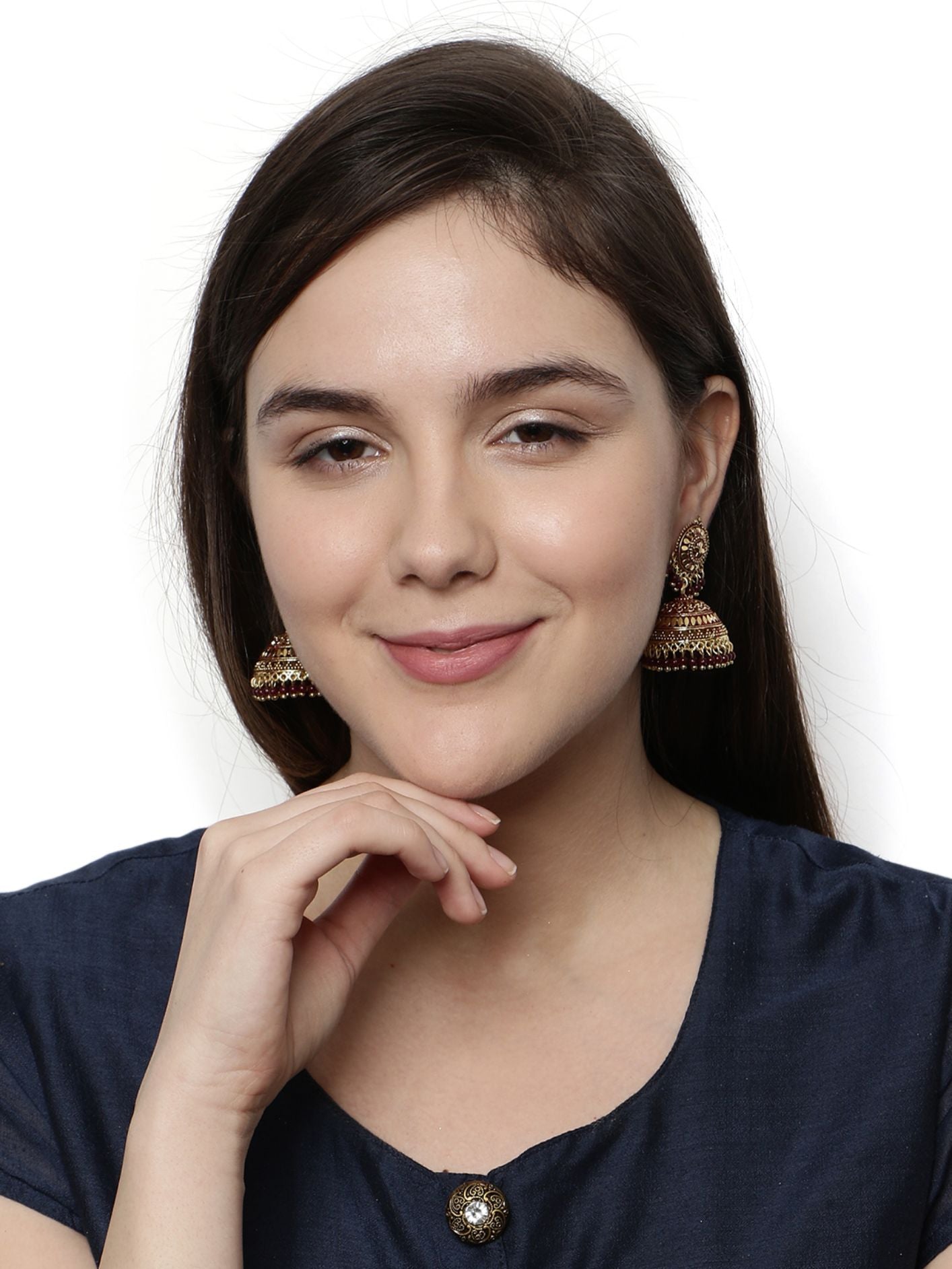 Women's Gold Plated & Maroon Dome Shaped Enamelled Jhumkas
