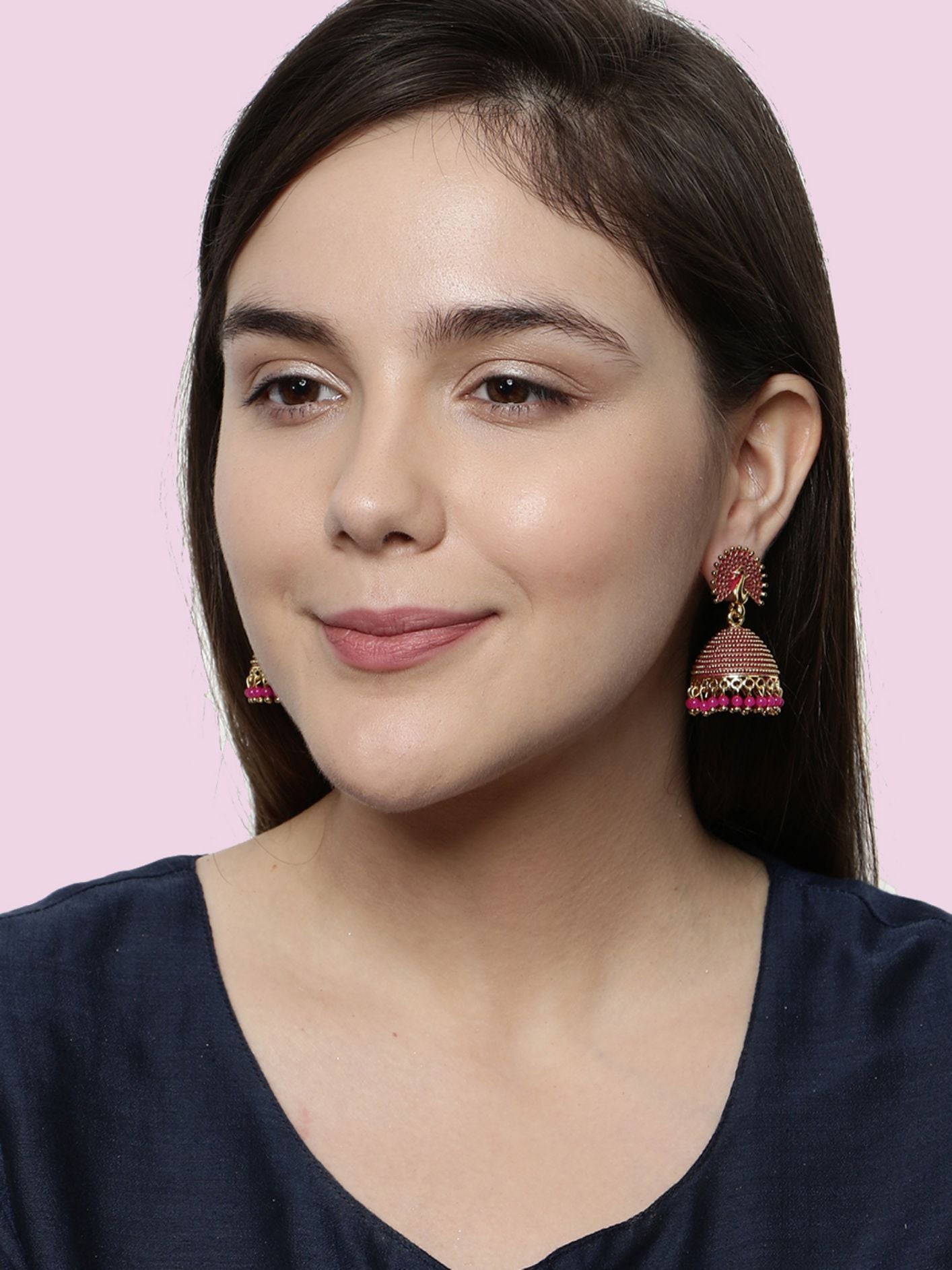 Women's Gold Plated & Pink Peacock Shaped Enamelled Jhumkas
