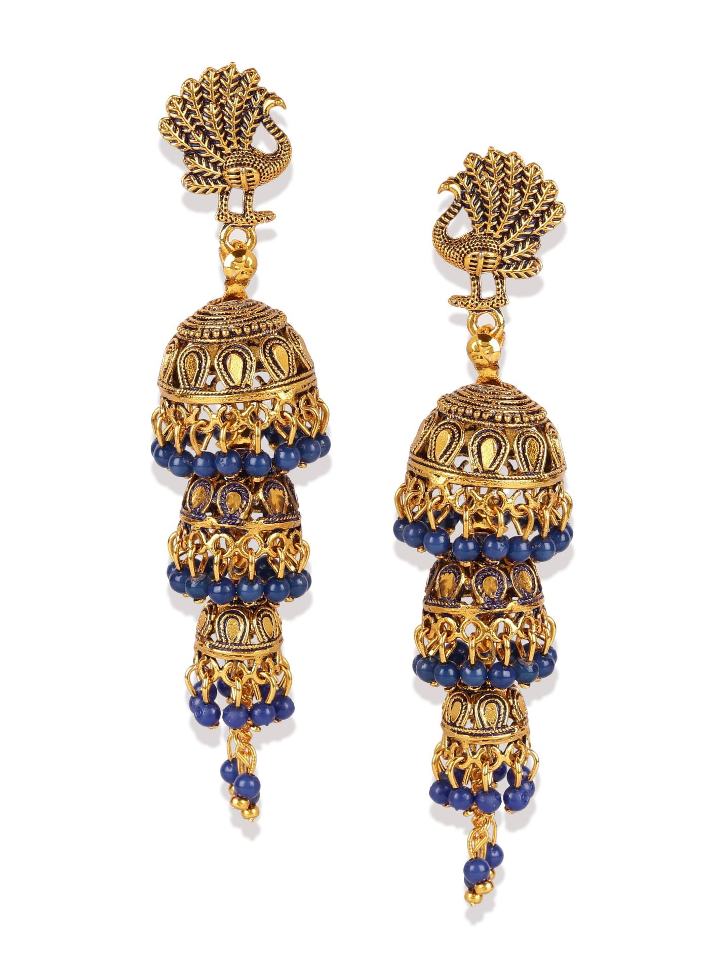 Women's Gold Plated & Blue Peacock Shaped Enamelled Jhumkas