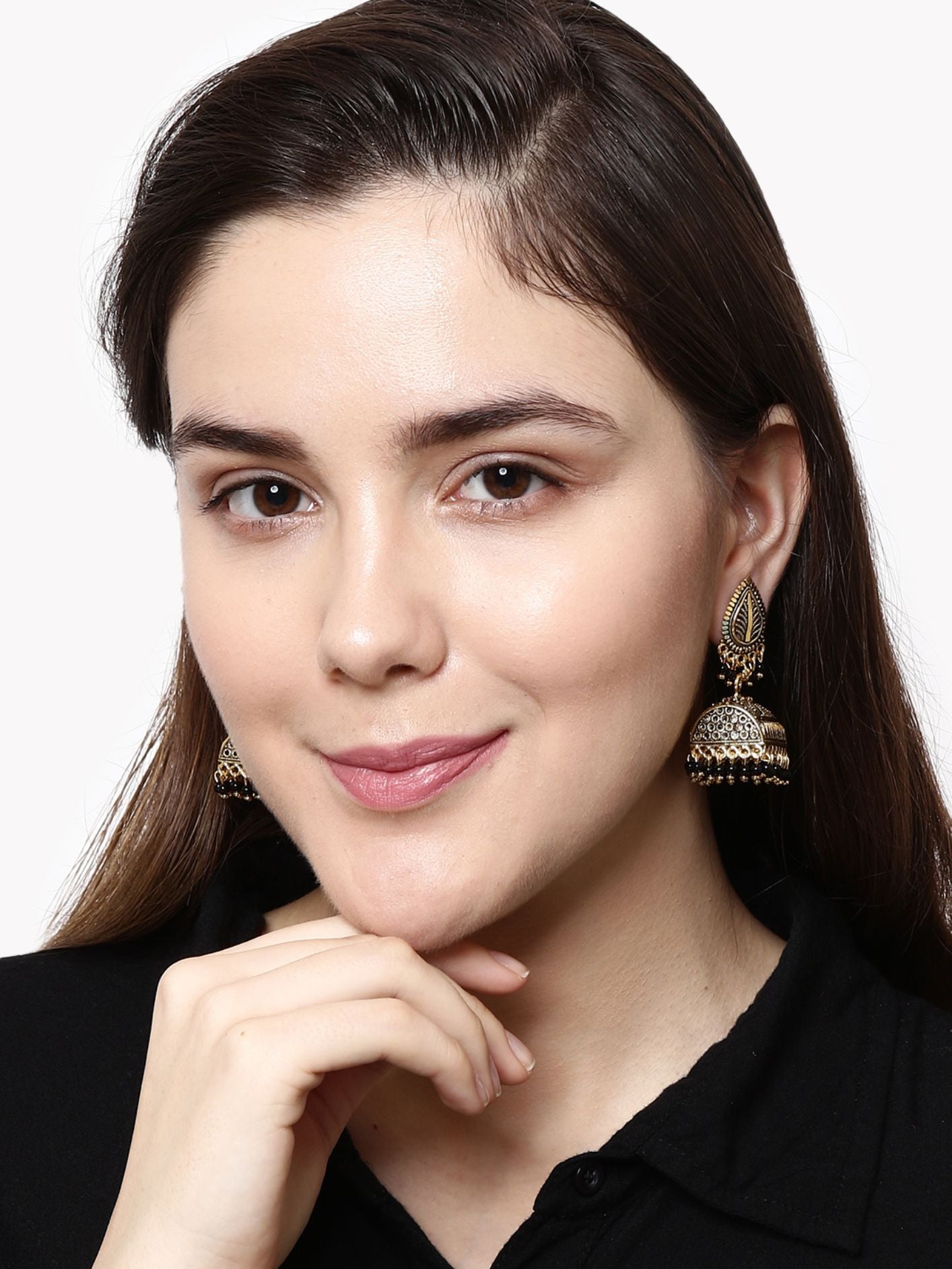 Women's Gold Plated & Black Enamelled Leaf Shaped Jhumkas