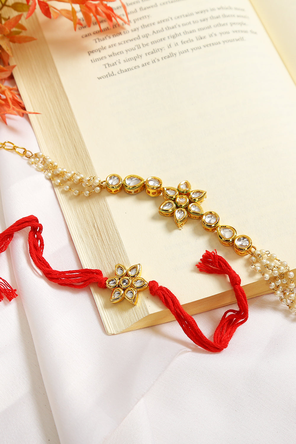 Handcrafted Floral Kundan Rakhi & Lumba Set-Set Of 2