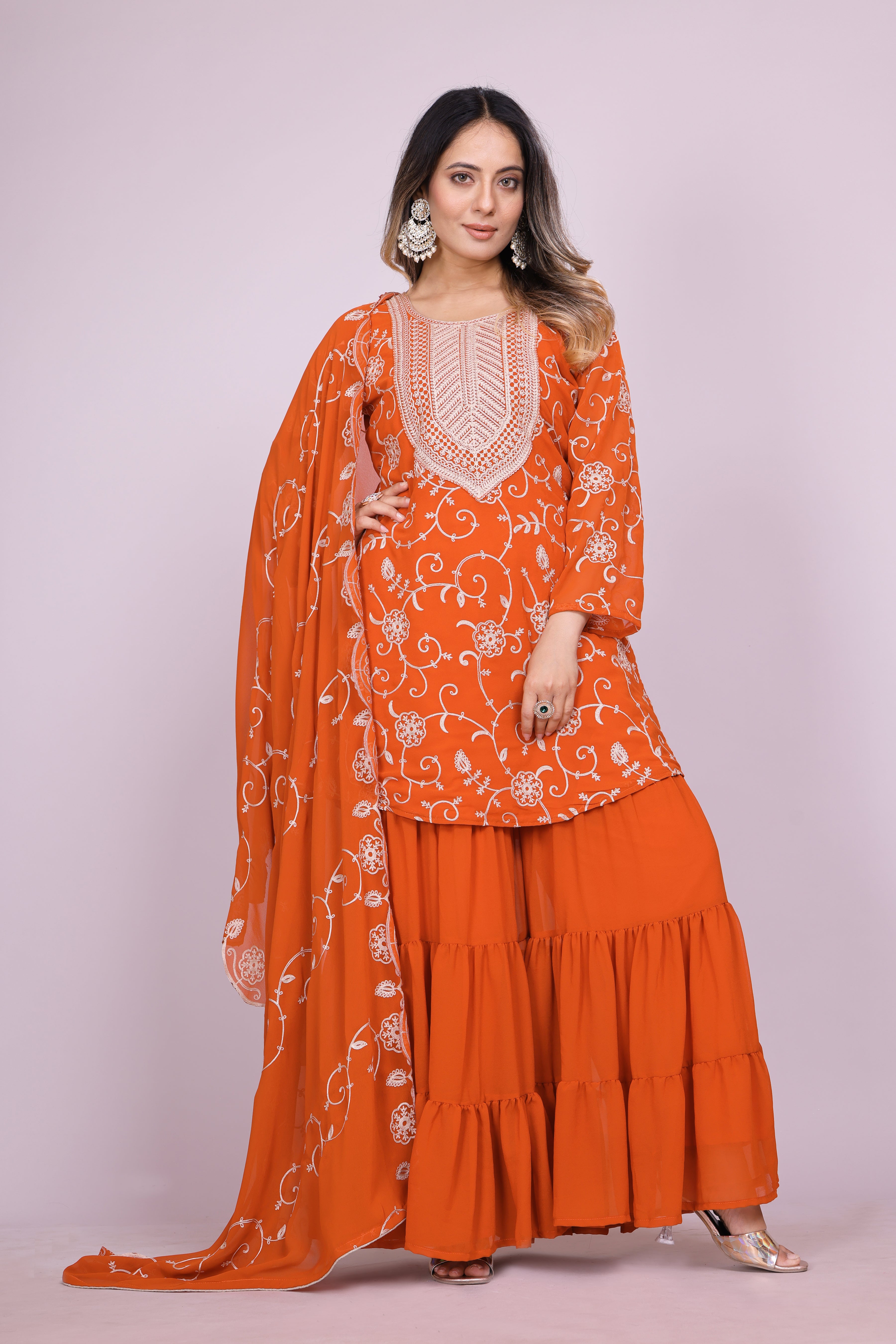 orange sharara dress Tarini Bhatia in Mishika - Burnt Orange Sharara Set | Sheetal Batra Burnt Orange / 3XL For Women