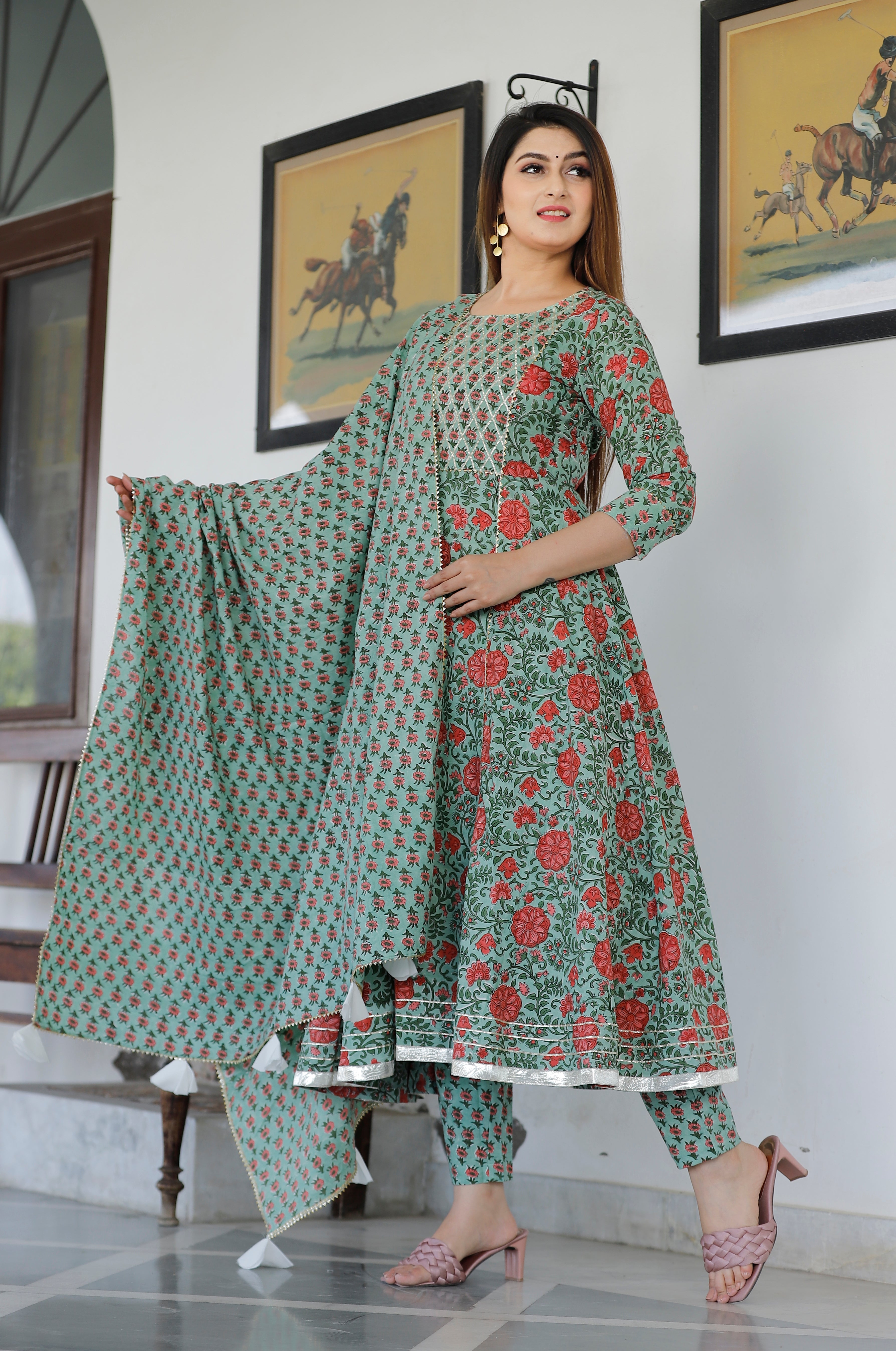Women's Light Green Hand Block Printed Anarkali Set With Pent And Dupatta