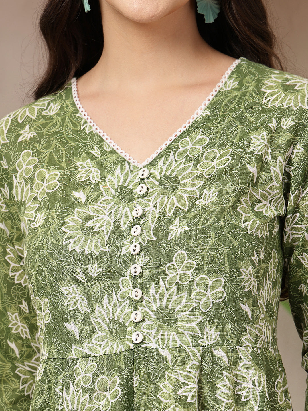 Women's Green Floral Printed Cotton Flared Dress