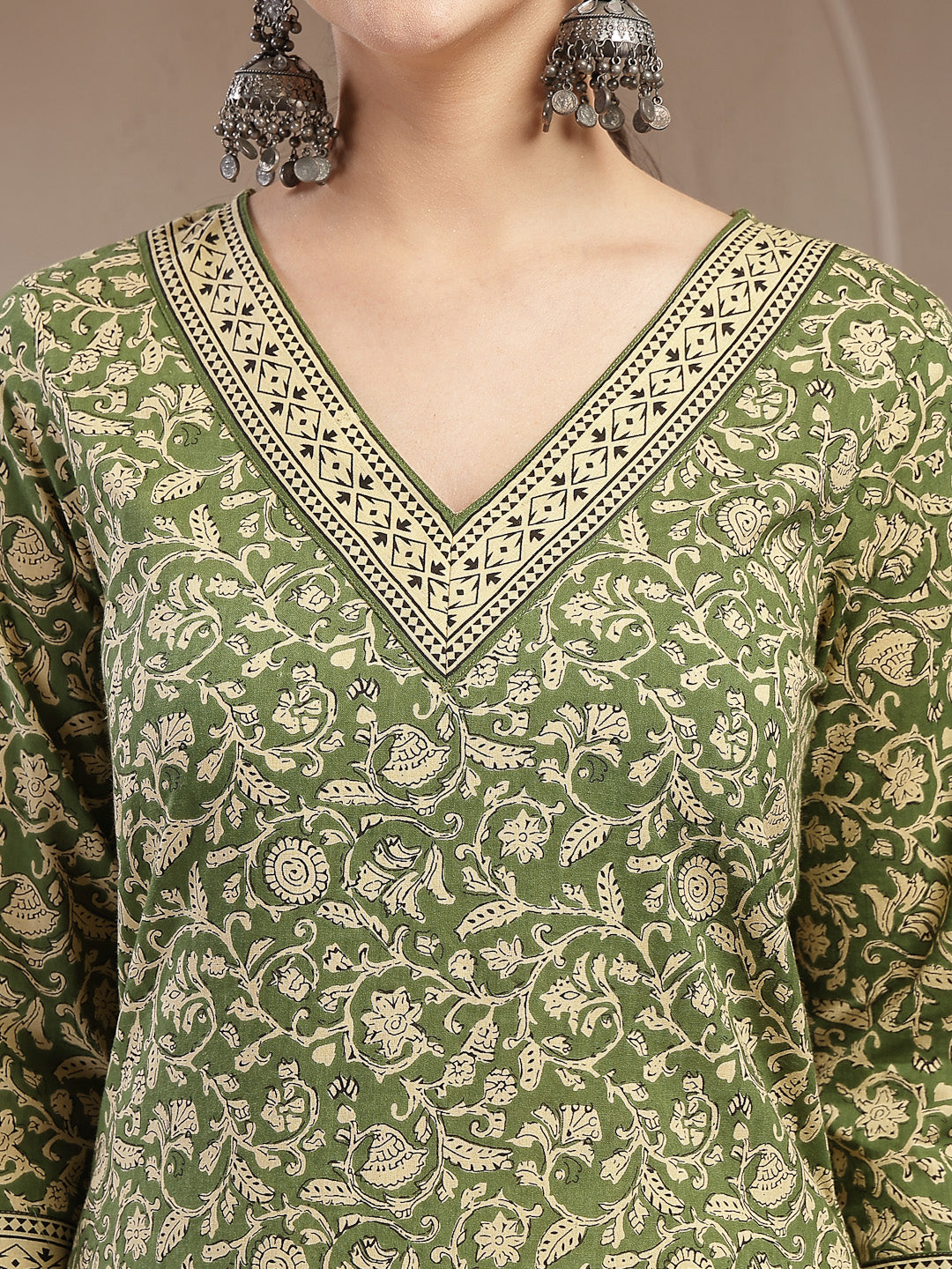 Women's Green Ethnic Printed Cotton Straight Kurta
