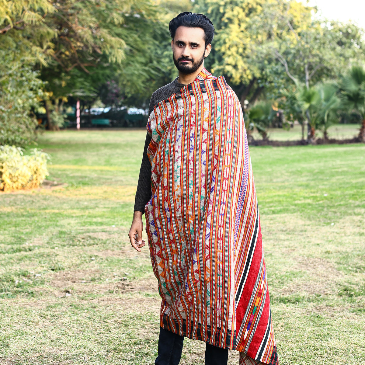 Grey Handwoven Rajasthani Pattu Shawl with Black Border - Natriel â Trendia