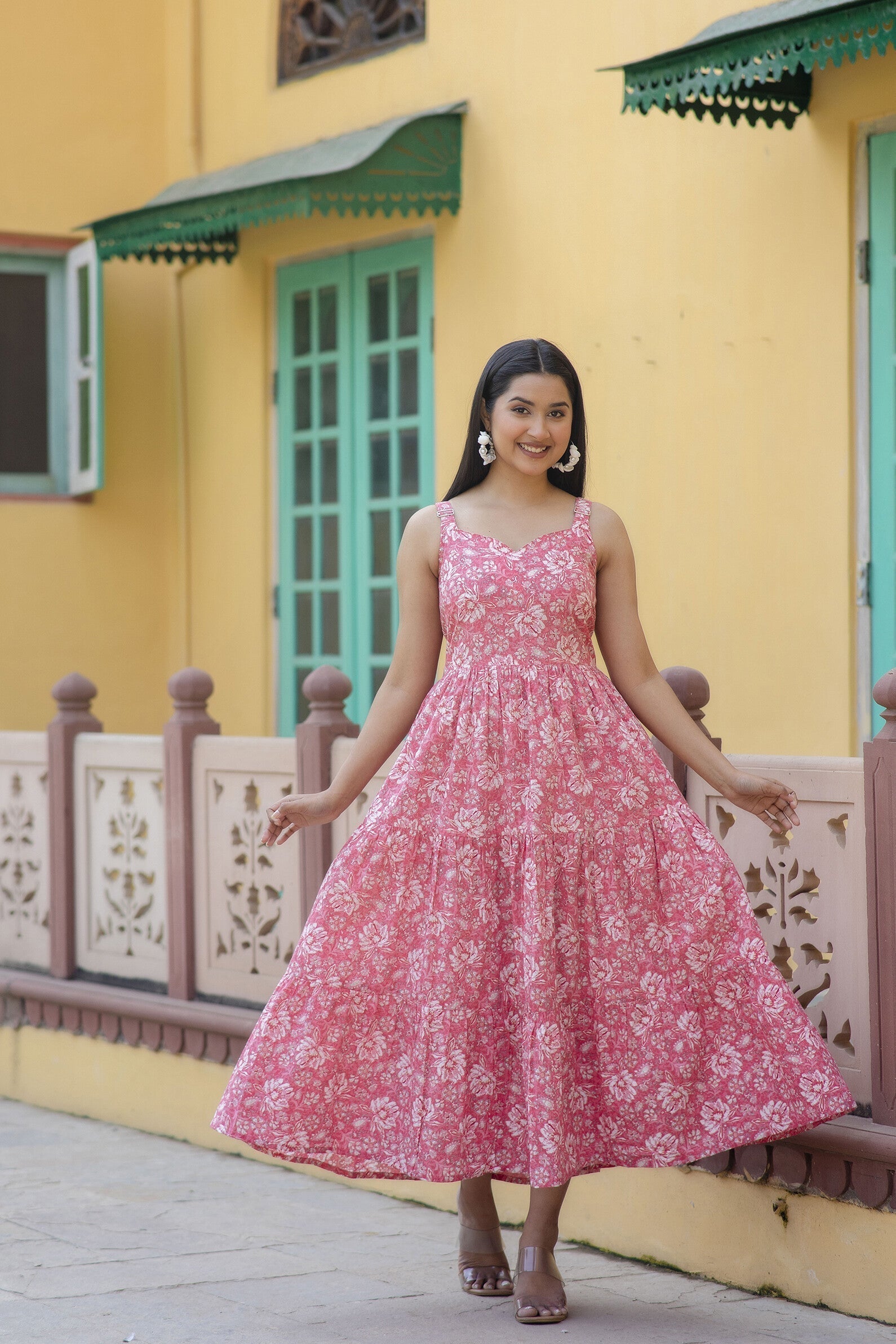 Women's Pink Floral Printed Sleeveless Flared Dress