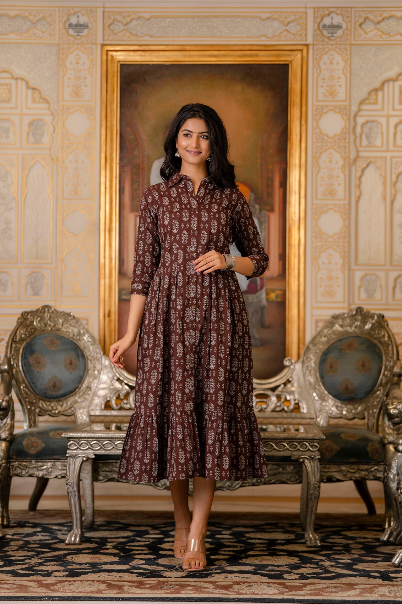Women's Brown Ethnic Printed Flared Dress