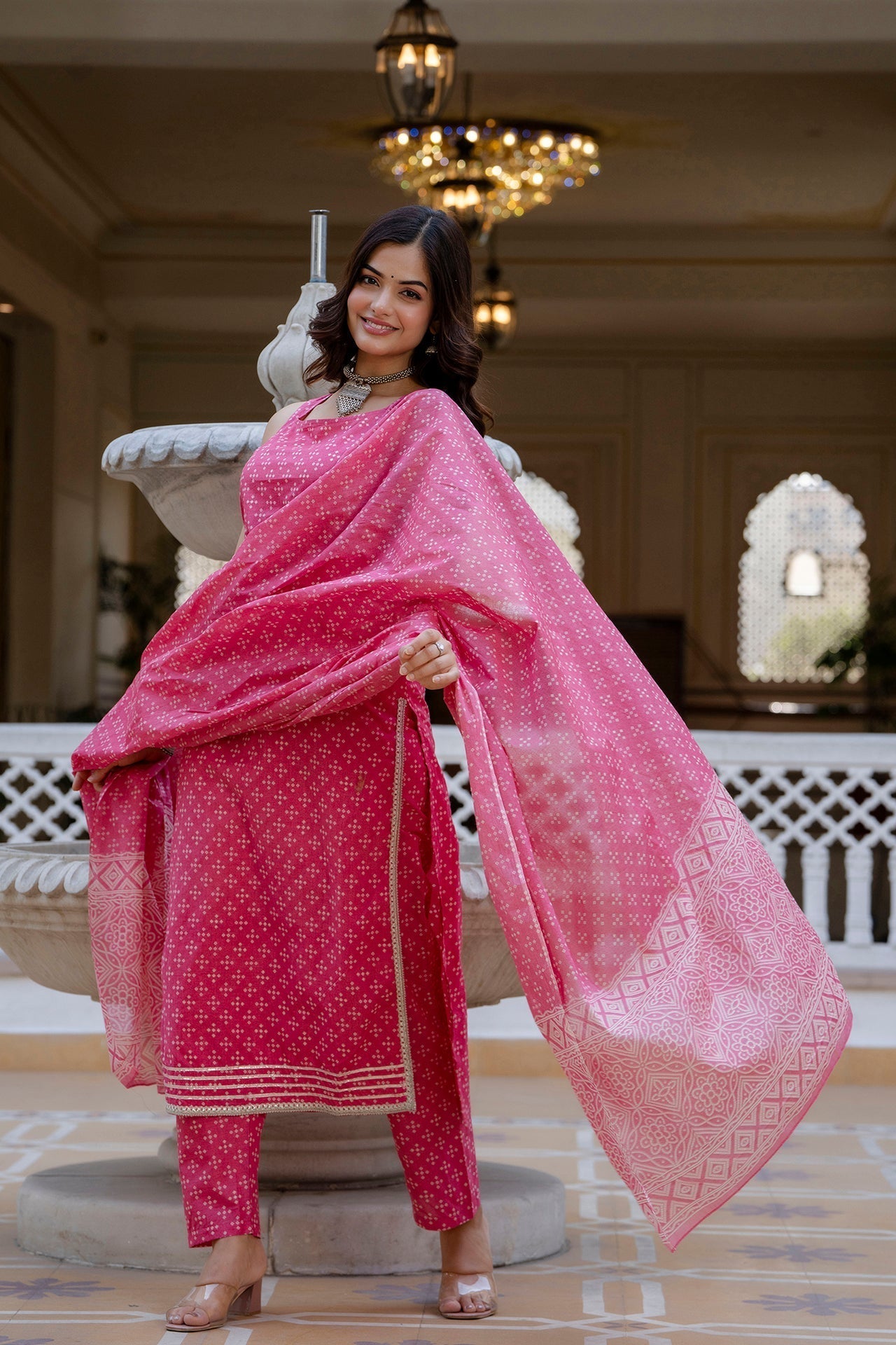 Women's Pink Printed Straight Kurta With Trouser And Dupatta