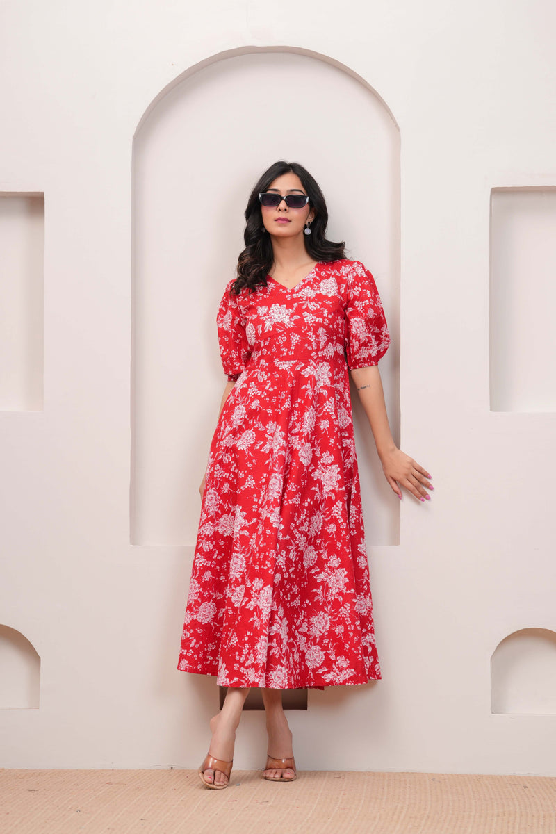Women's Red Cotton Floral Dress Red / S