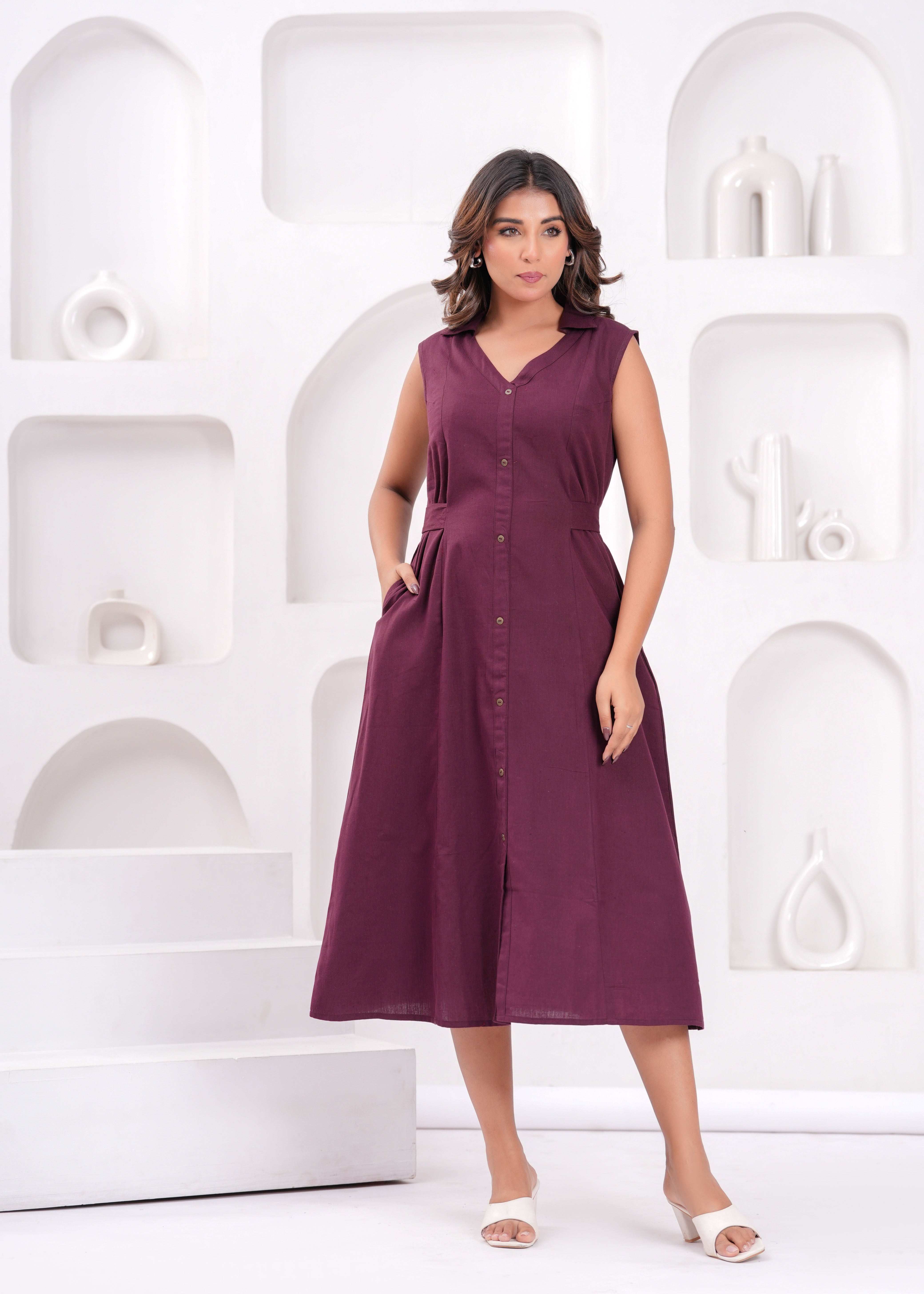Women's Solid Burgundy Notched Collar Dress