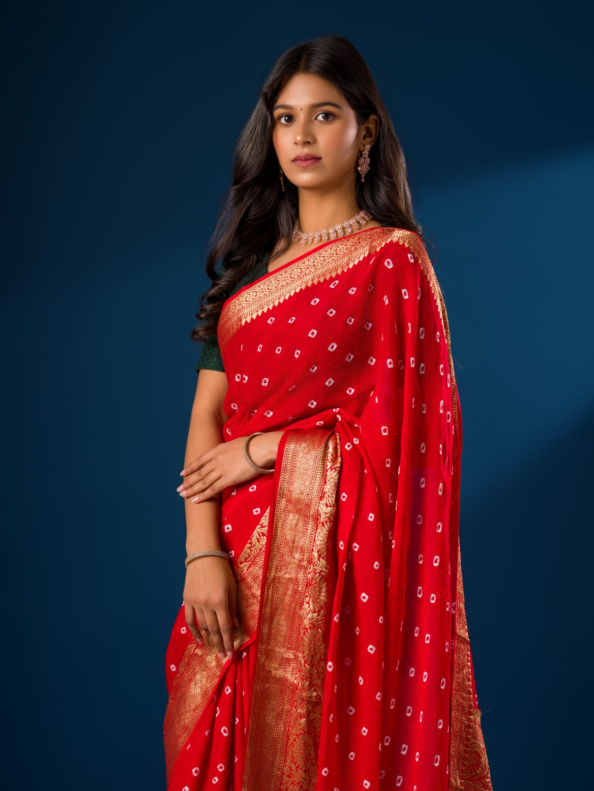 Women's Viscos Silk Bandhani With Zari Border Saree SAM Red