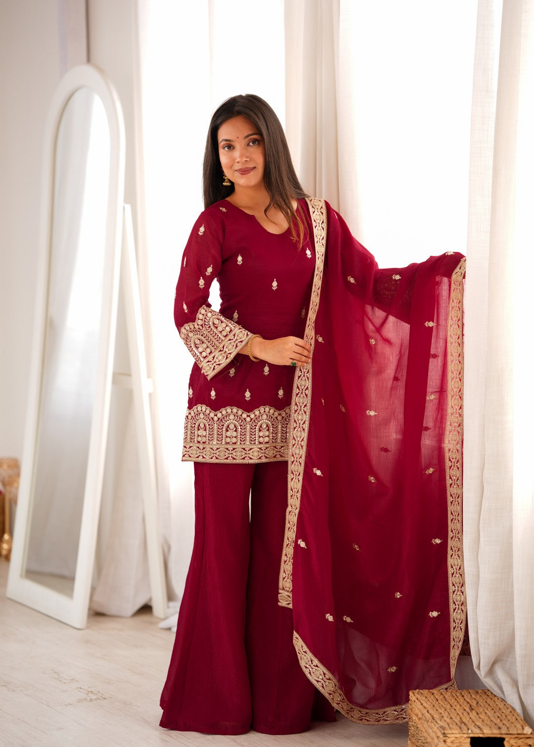 Women's Maroon Silk Embroidery A-Line Sharara Set