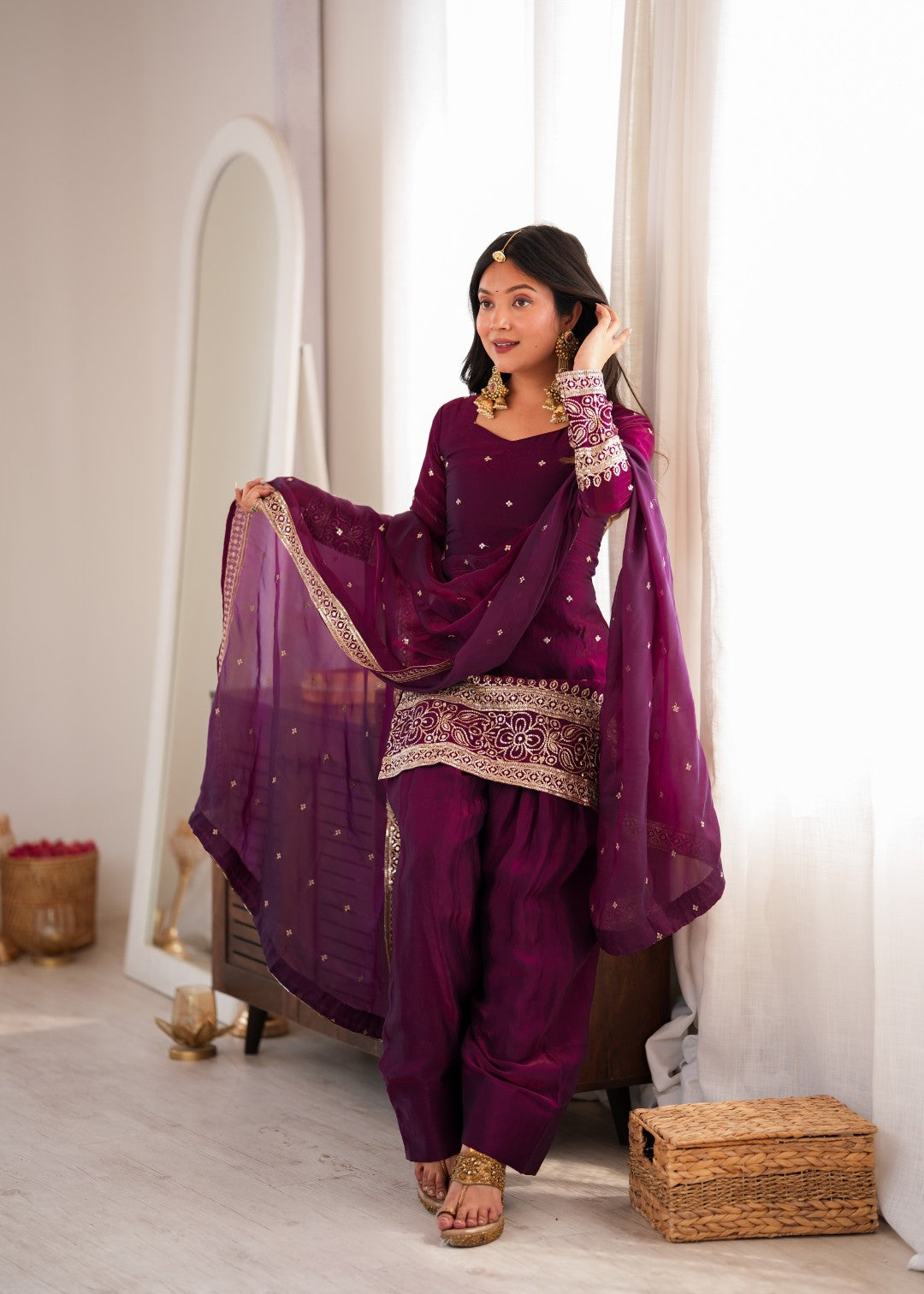 Women's Wine Silk Embroidery Salwar Set