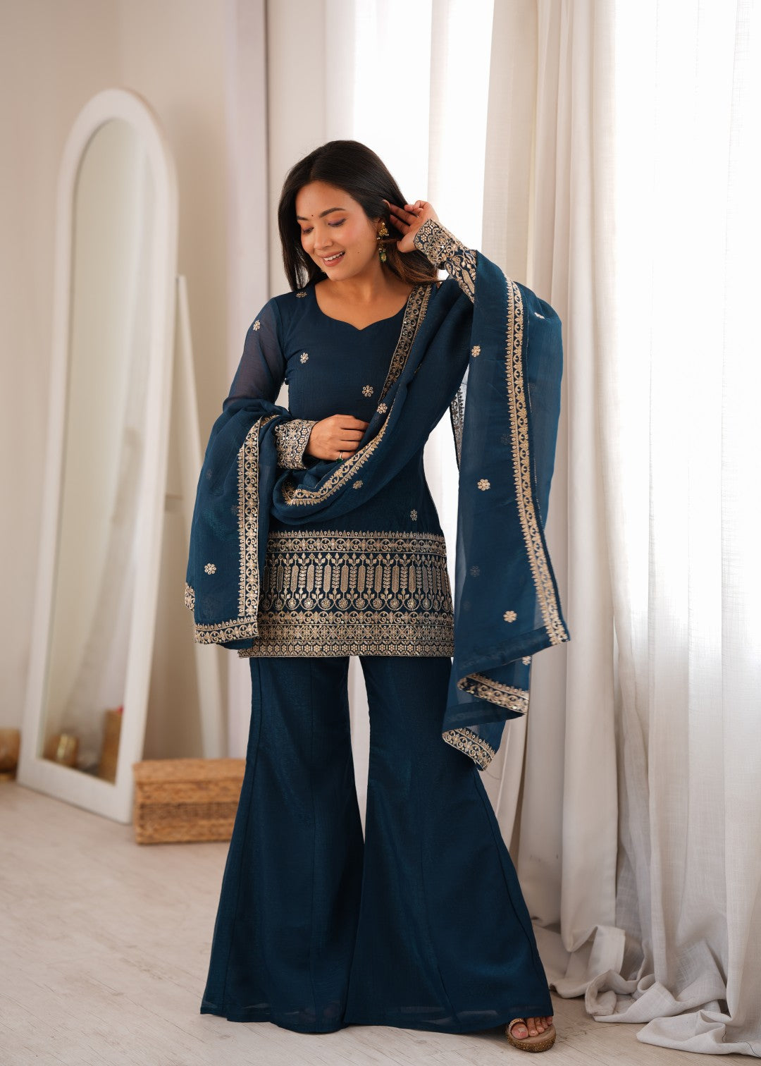 Women's Teal Blue Silk Embroidery Sharara Set
