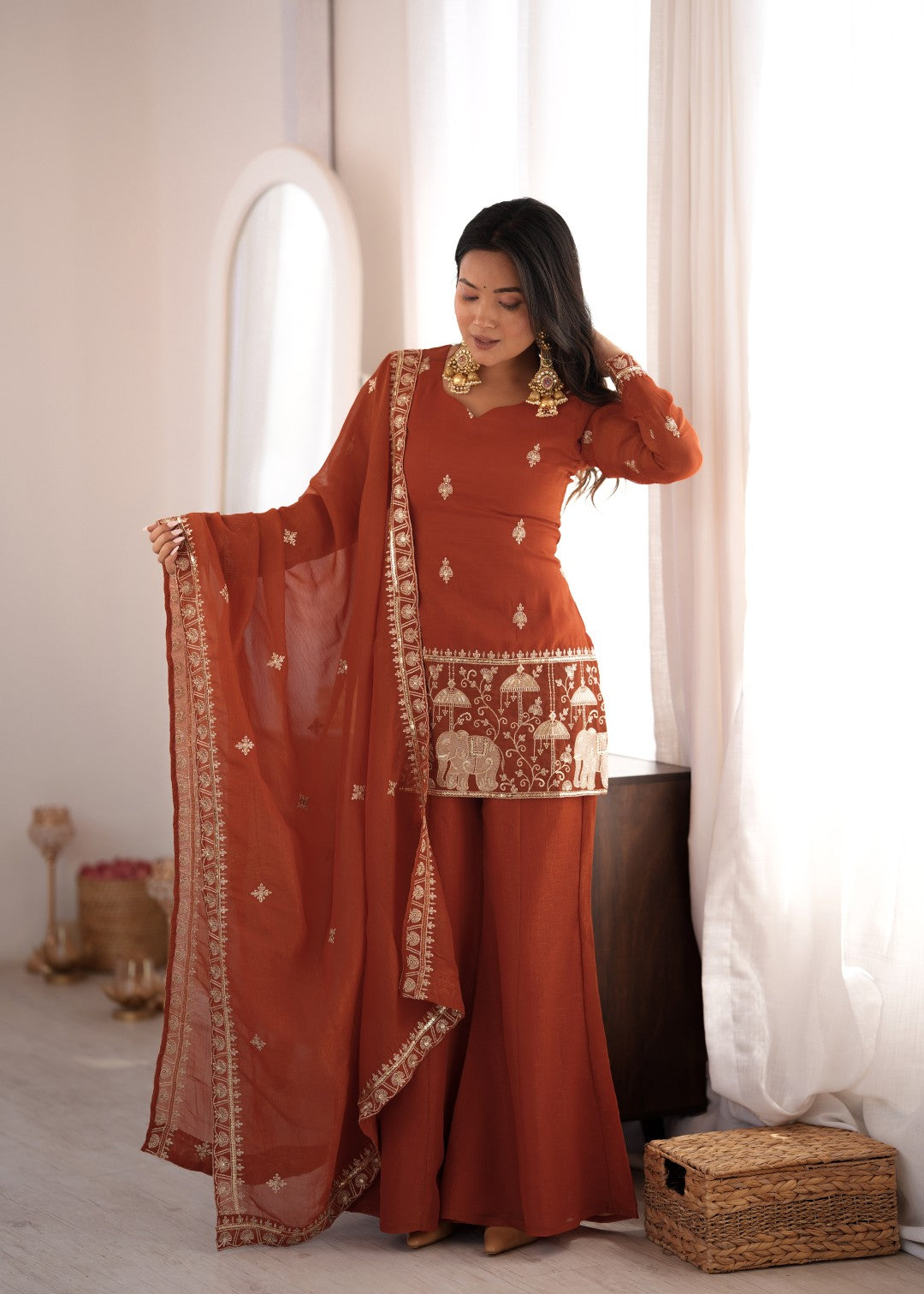 Women's Rust Silk Embroidery Sharara Set