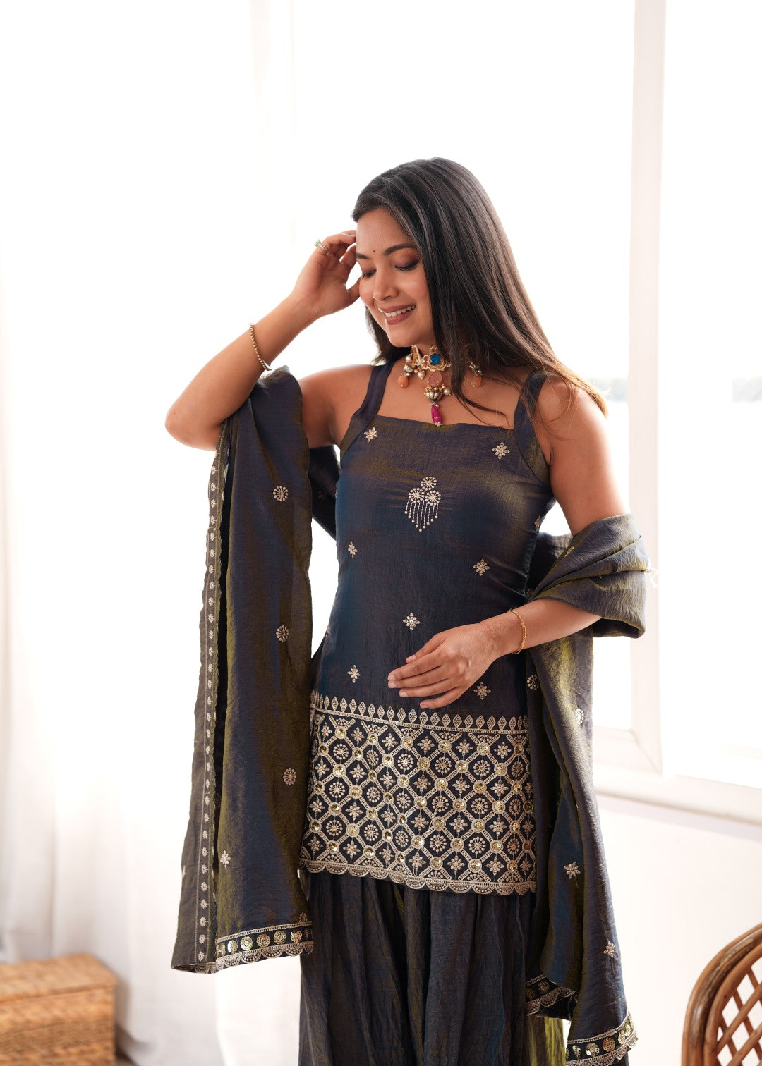 Women's Grey Silk Embroidery Salwar Set