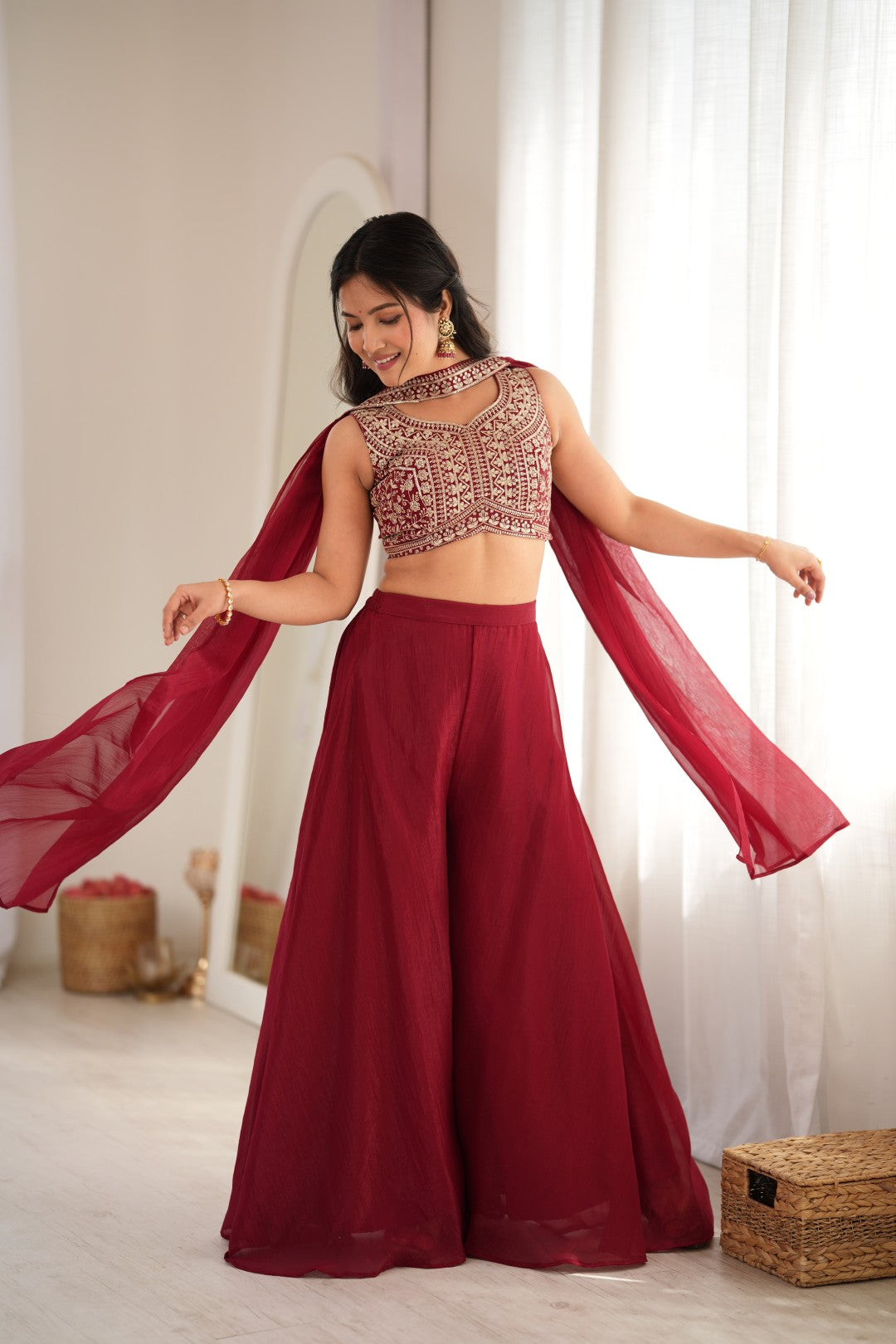 Women's Maroon Silk Embroidery Indo Western Set