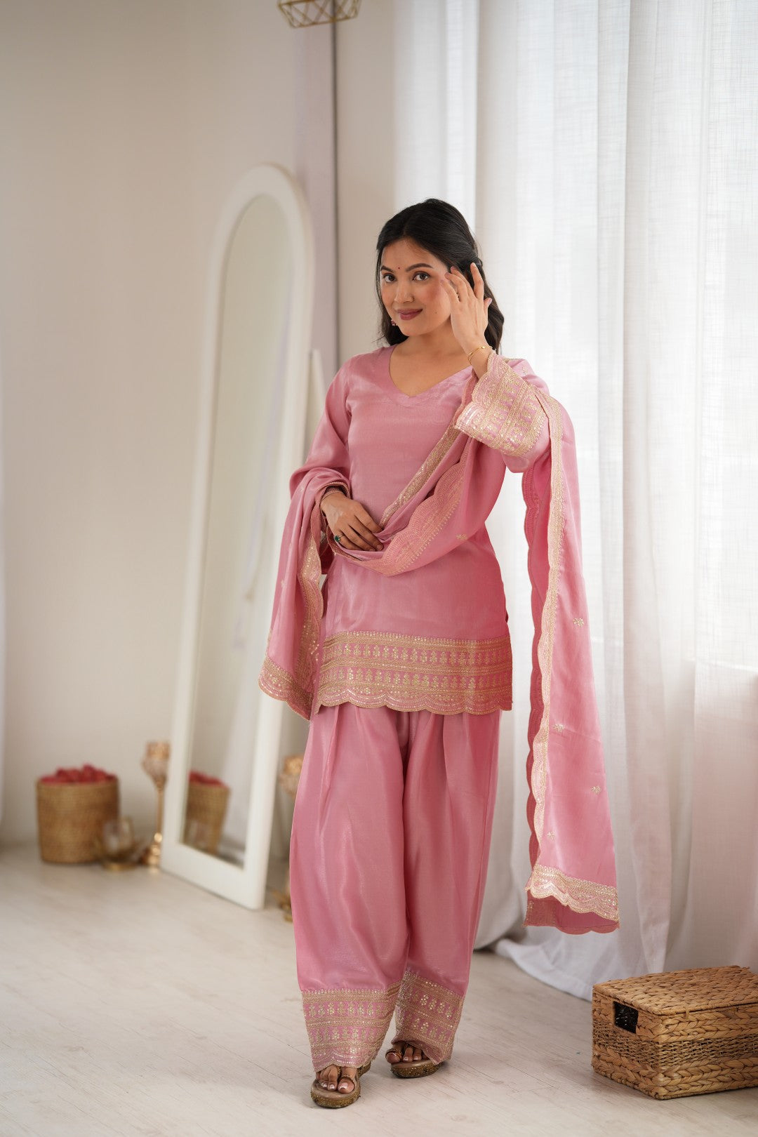 Women's Pink Silk Embroidery Salwar Set