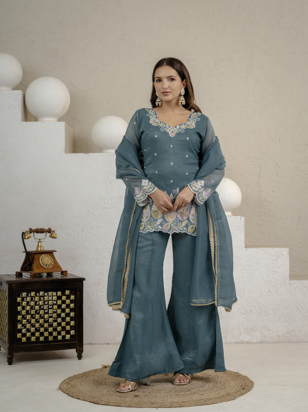 Women's Rama Green Fandy Silk Party Wear Embroidery Sharara Suit Set