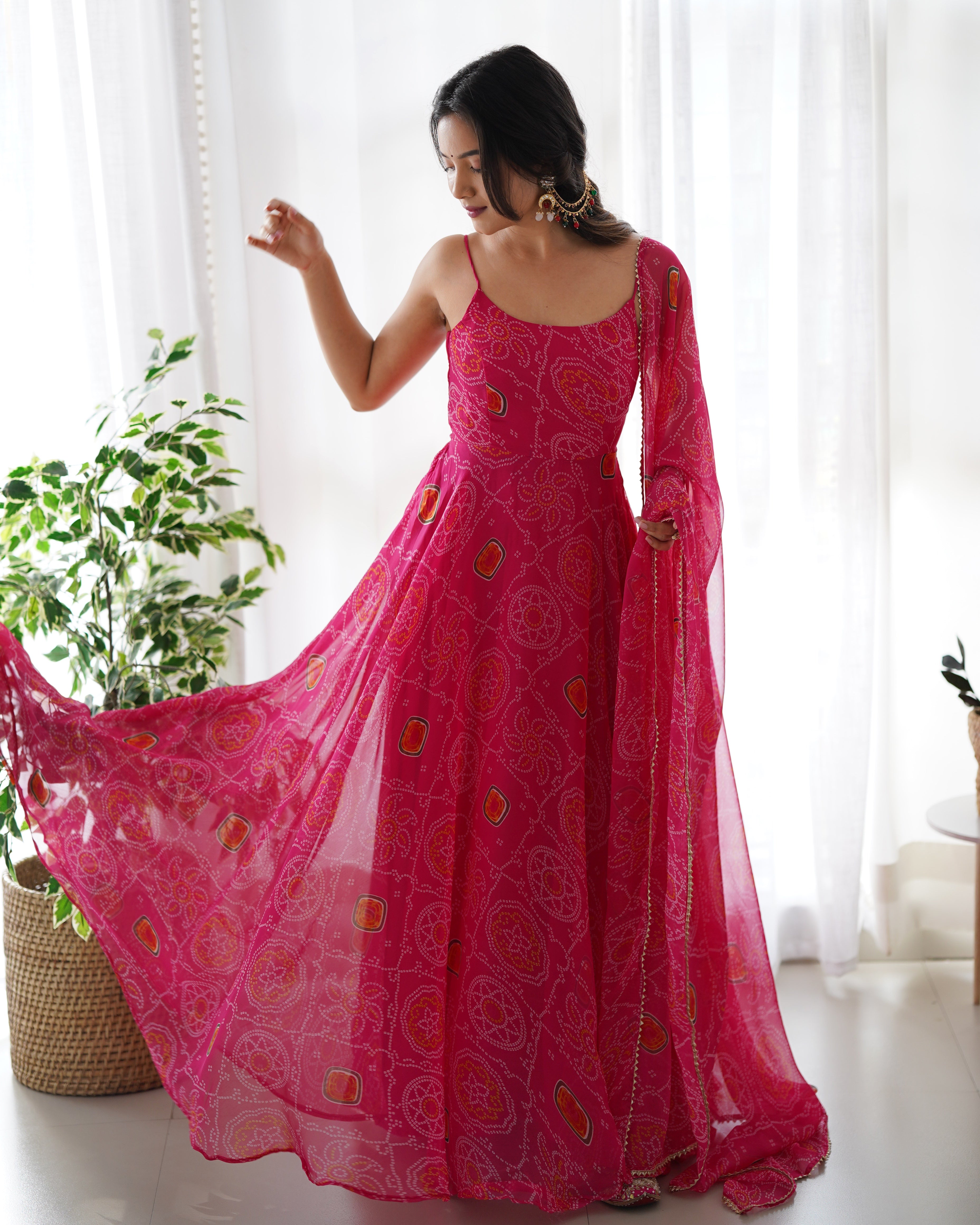 Women's Beautiful Printed Chiffon Bandhej Fabric Flared Anarkali Pant And Dupatta Set Pink / XS