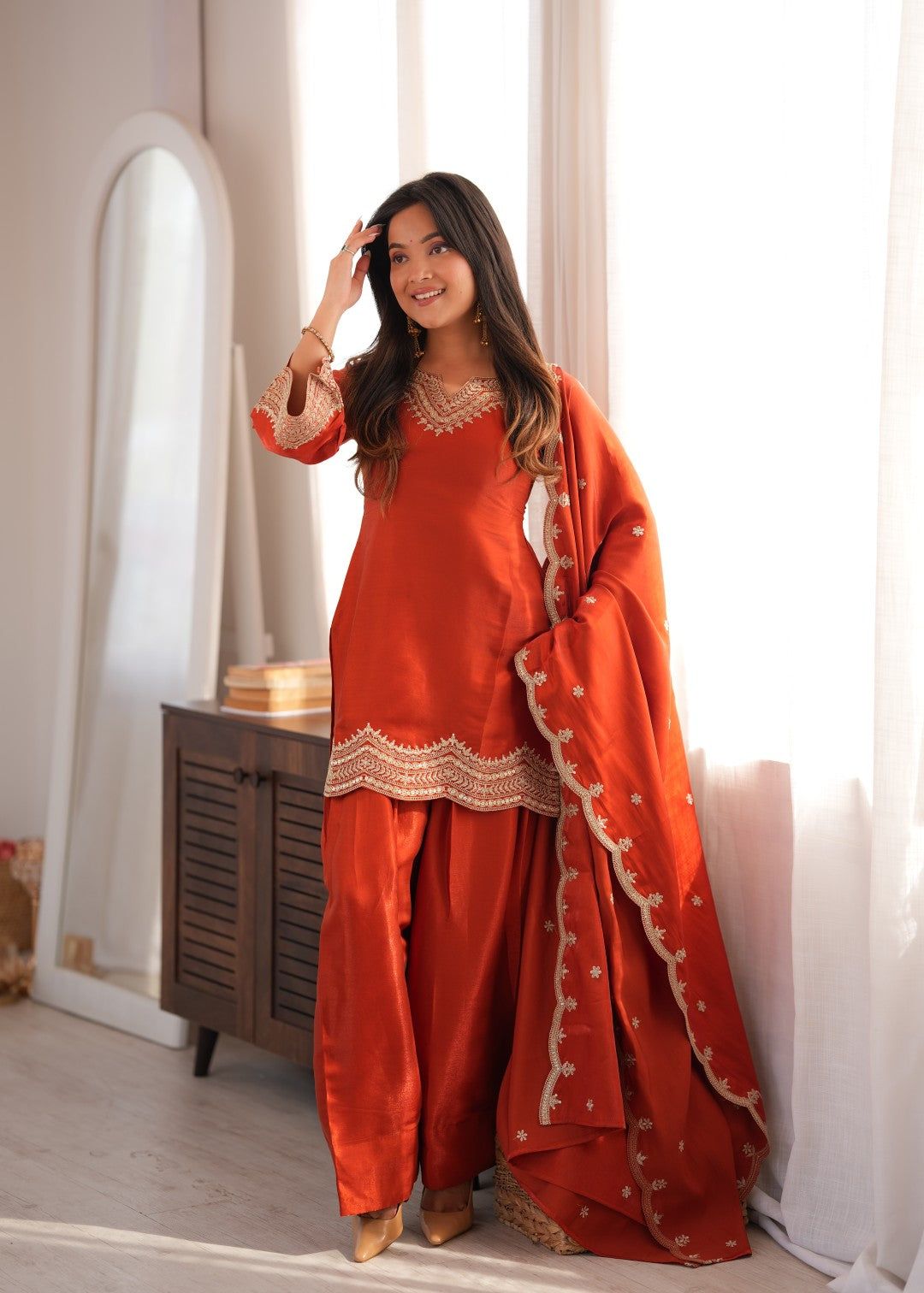 Women's Orange Silk Embroidery A-Line Salwar Set