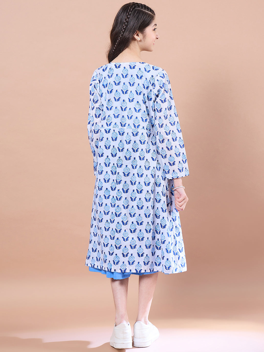 Girls Floral Print Round Neck Sleeveless Tiered Midi Fit Flared Cotton Dress