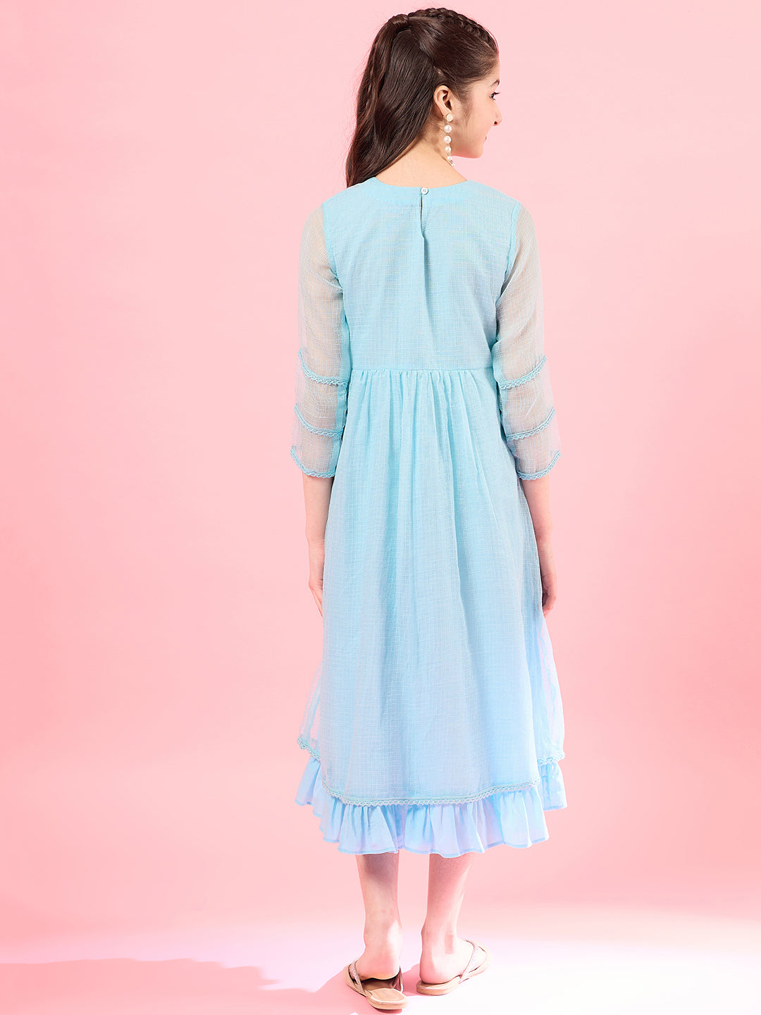 Girls Long Sleeves Round Neck Cotton Flare Midi Dress