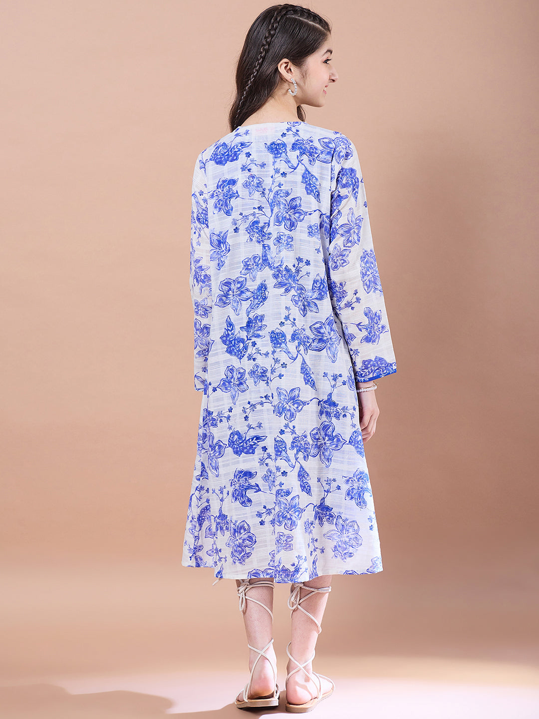 Girls Floral Print V-Neck Long Sleeves A-Line Midi Dress With Shrug