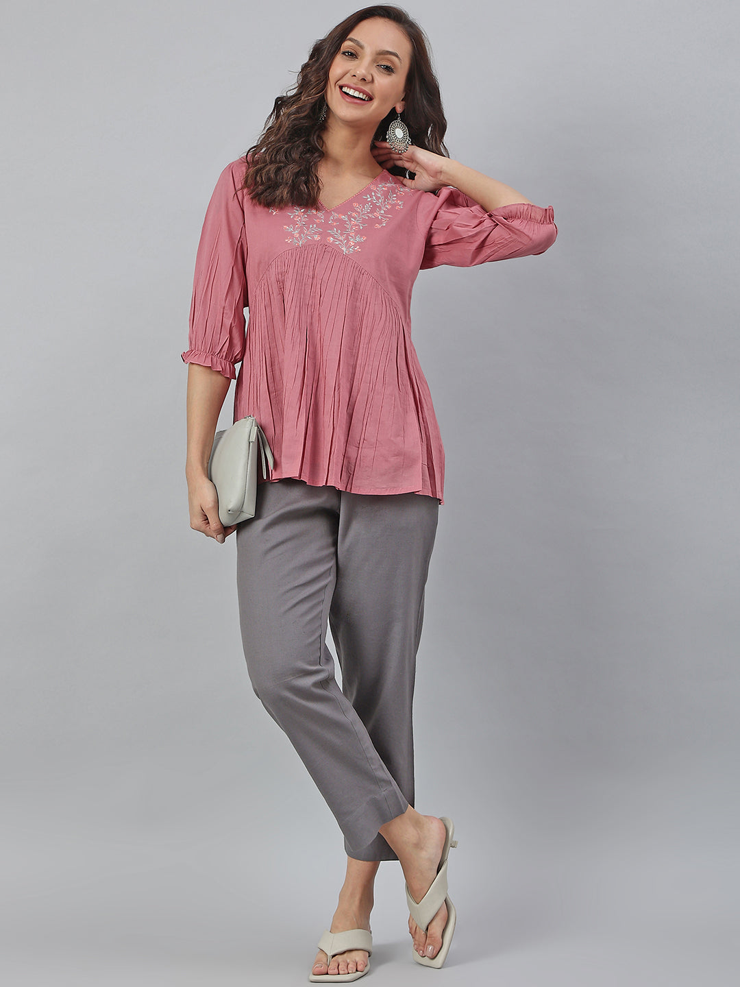 Women's Embroidered Pink Cotton Tops