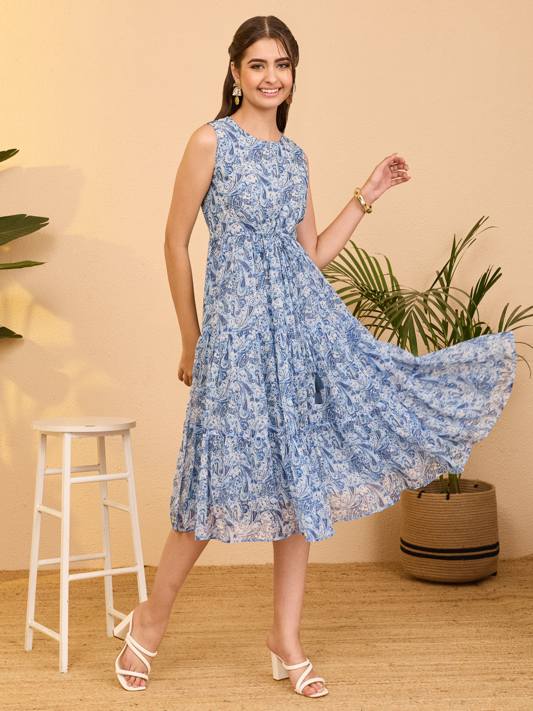 Janasya Women's Light Blue Chiffon Paisley Printed Tiered Dress Light Blue / XL