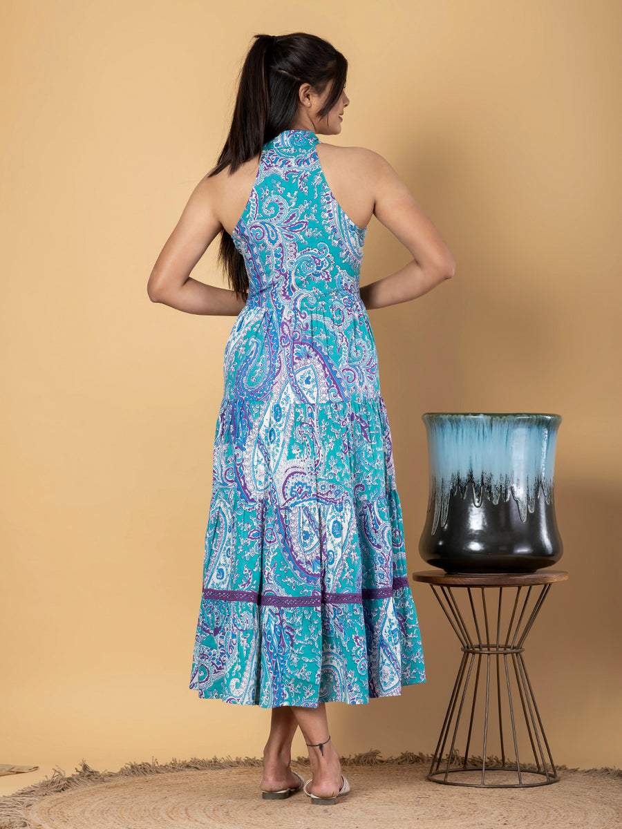 Women's Turquoise Blue Cotton Paisley V-Neck Dress – Trendia