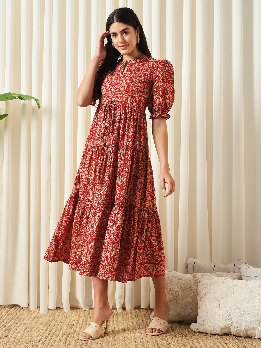 Women's Red Cotton Floral Printed Dress Red / 2XL