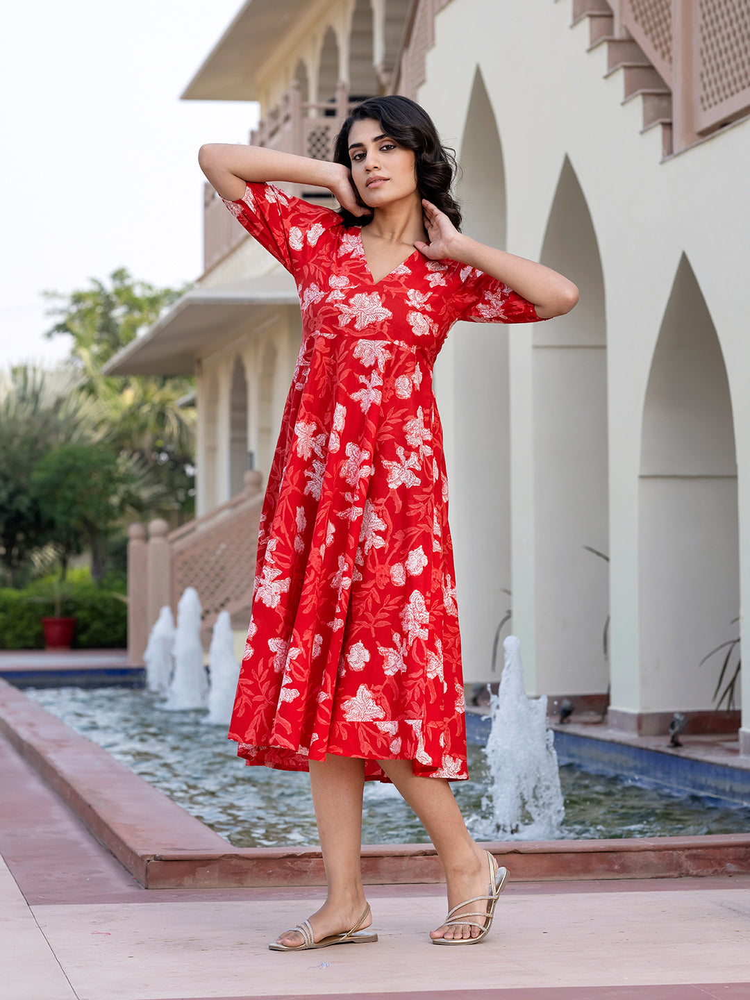 womens red cotton dress Red V Neck Embroidery Midi Dress & Reviews - Red - Dresses