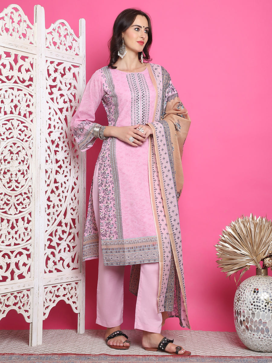 White And Pink Floral Printed Kurta With Thread Embroidery main image 1