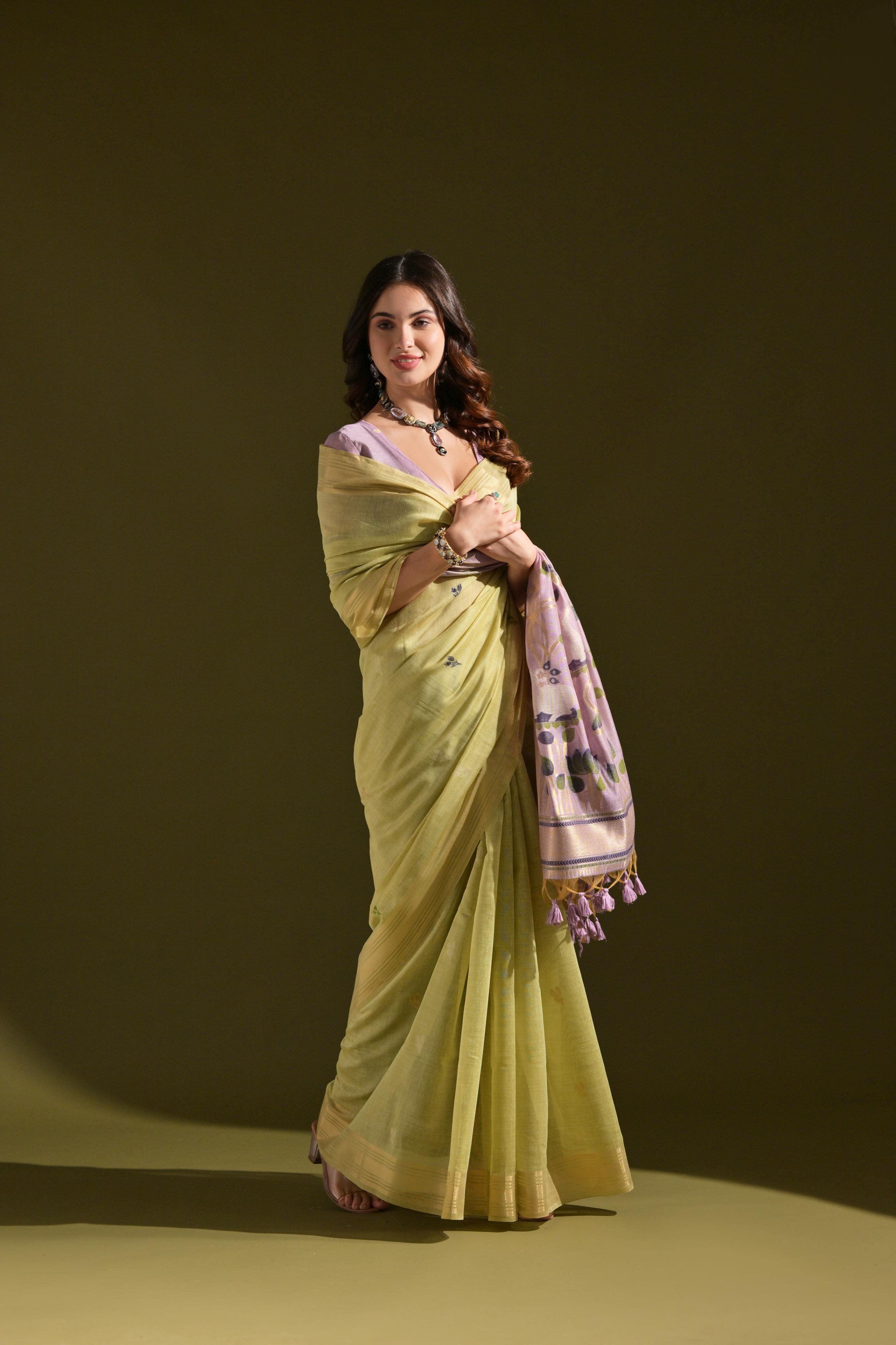 Women's Green soft Muga Cotton Resham Zari Weaving Traditional saree With Blouse