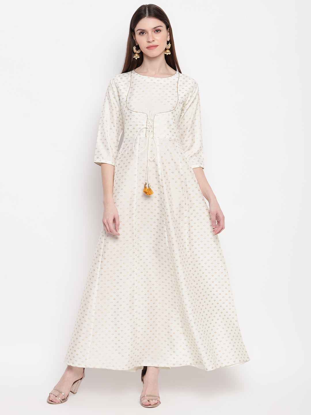 Women's Off White Poly Silk Gold Print Anarkali Kurta
