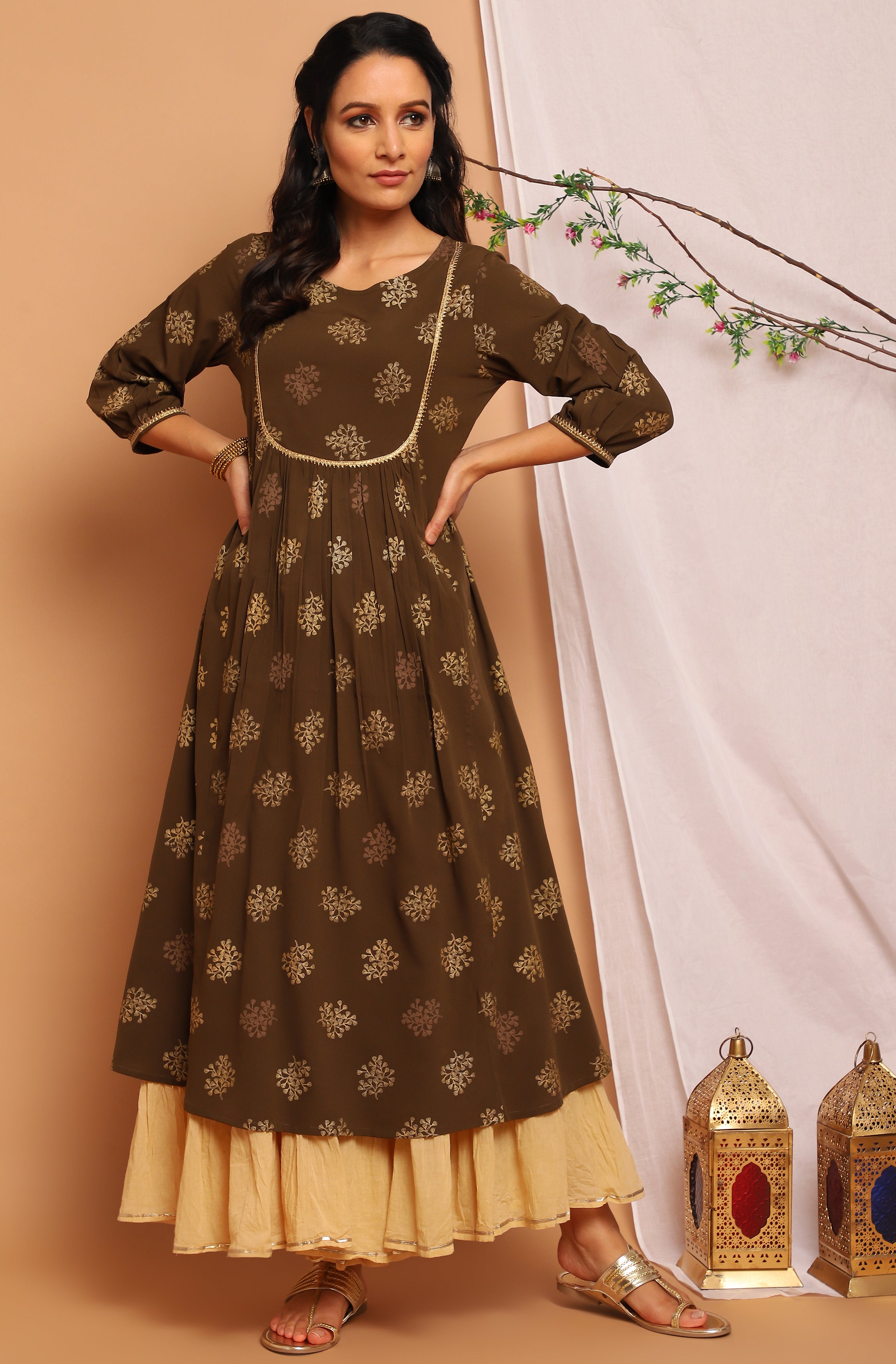 Women's Dark Green Cotton Floral Print Regular Tunic