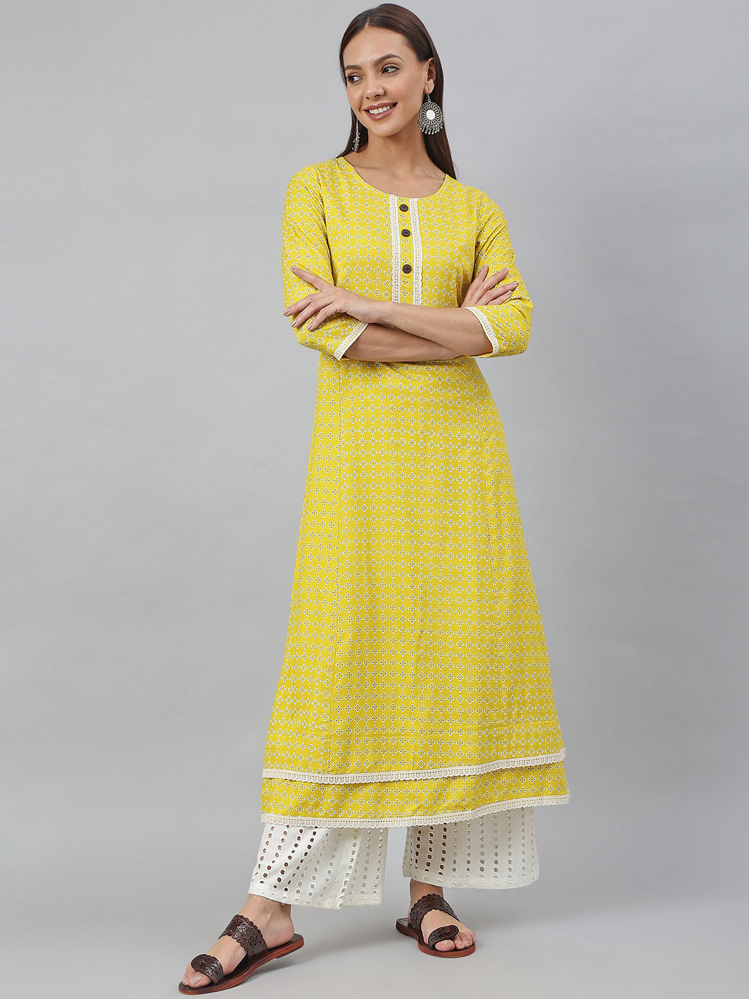 Women's Yellow Rayon Botanical Printed A-Line Kurta