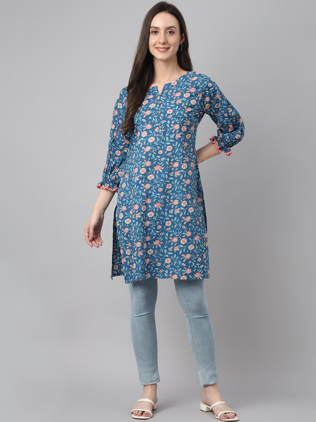 Women's Floral Print Blue Cotton Tunics