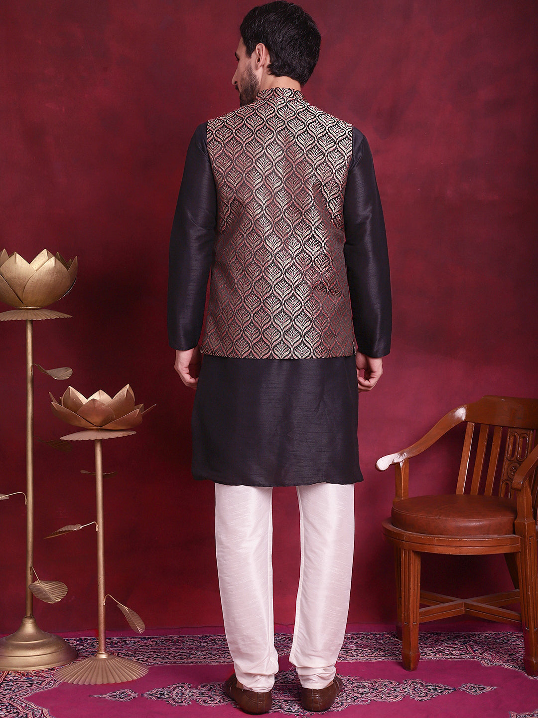Men's Woven Design Nehru Jacket With Kurta Pyjama Set