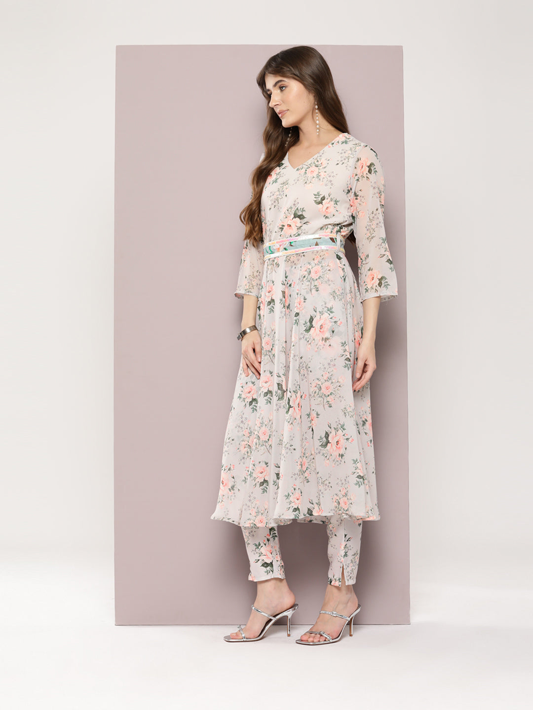 Women's Sequin Work Belt, Flared Kurta with trousers and dupatta