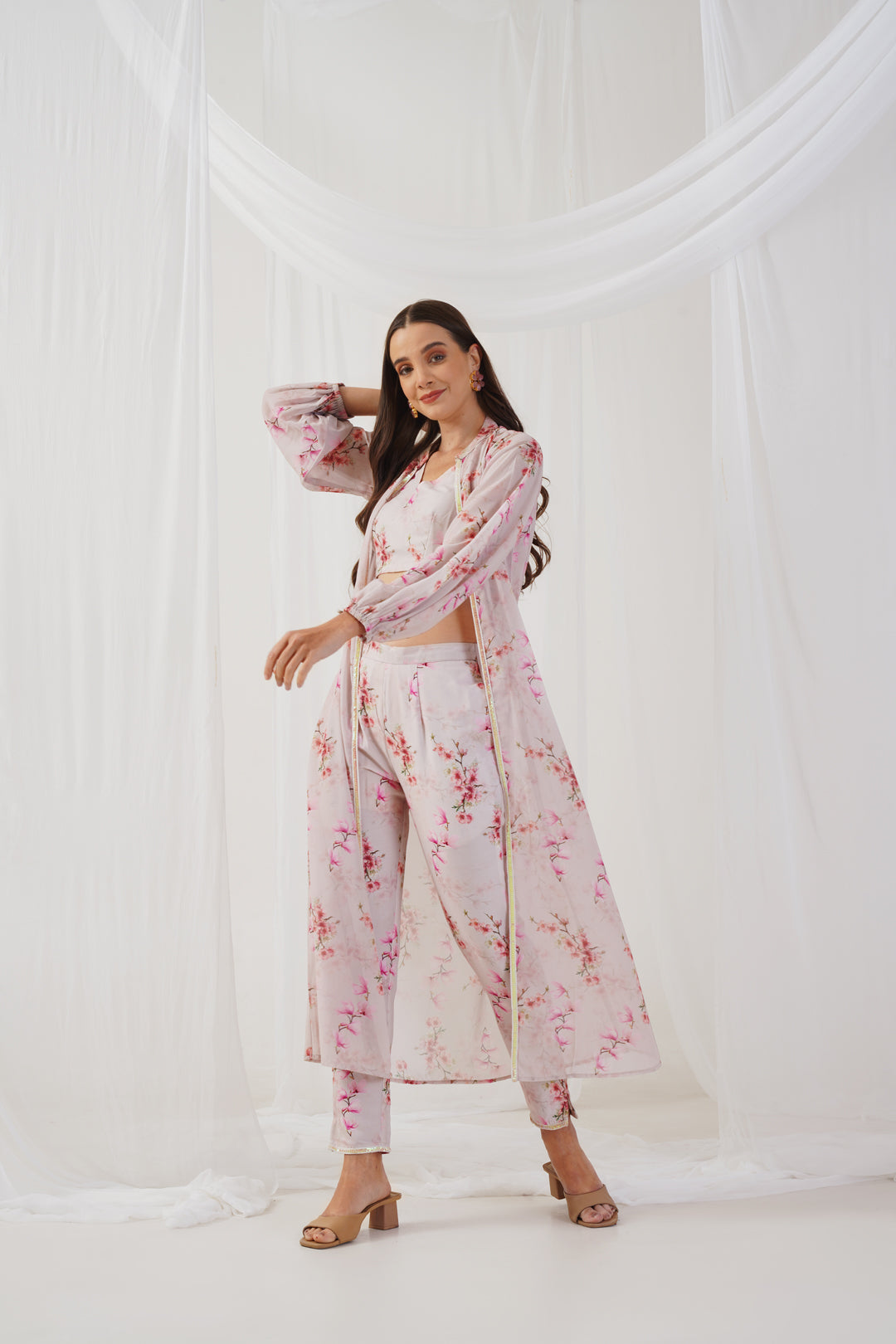 Women's Cream Floral Printed Crop Top with Trousers & Shrug