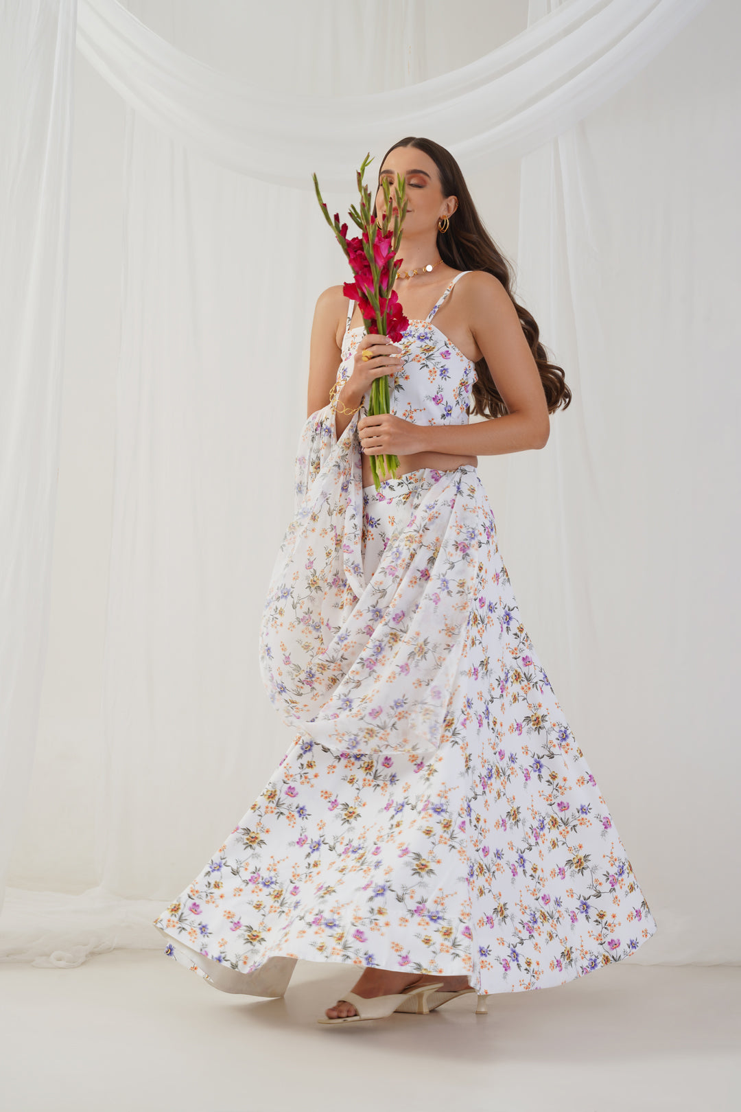 Women's White Printed Beads & Stones Ready to Wear Lehenga & Blouse With Dupatta