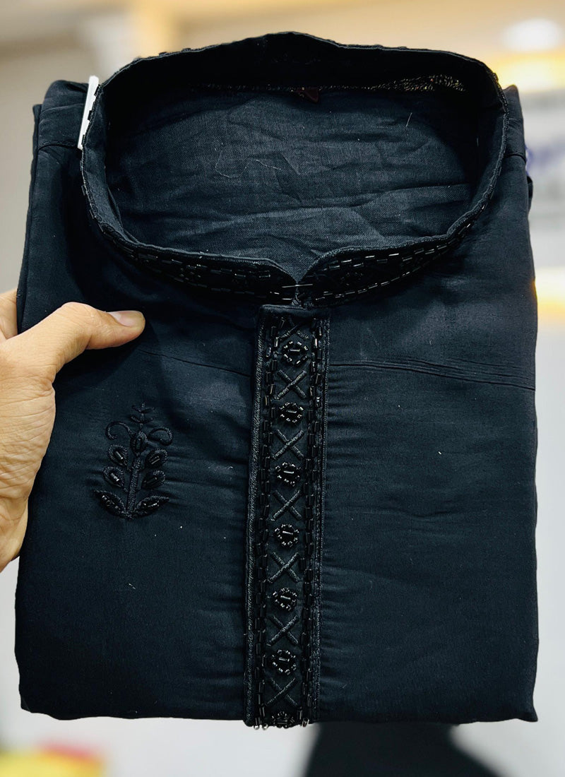 Black Silk Kurta Set For Men With Multi Colour Resham Embroidery main image 1