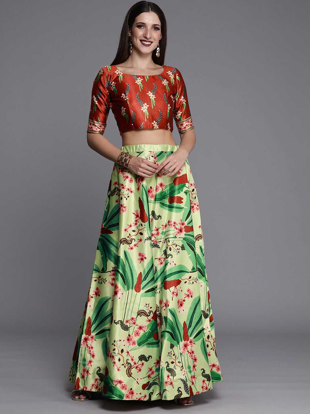 Women's Ethnic Motifs Digital Print Shiney Satin Croptop Lehenga Choli With Unstitched Blouse