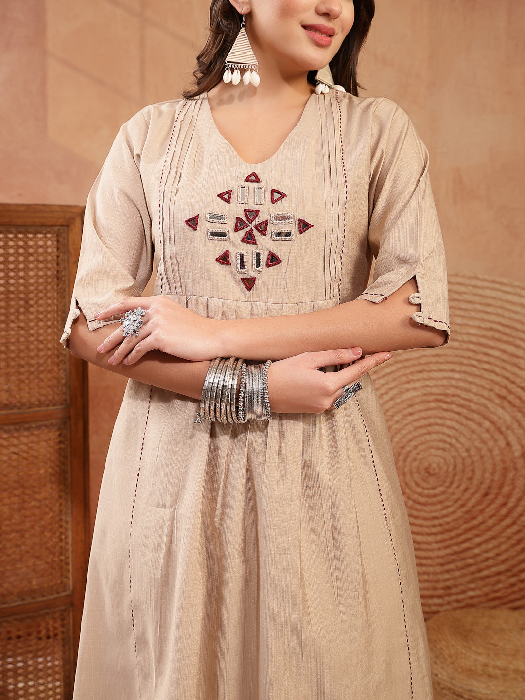 Women's Beige Solid & Embroidered Cotton A-Line Kurta Pant Set