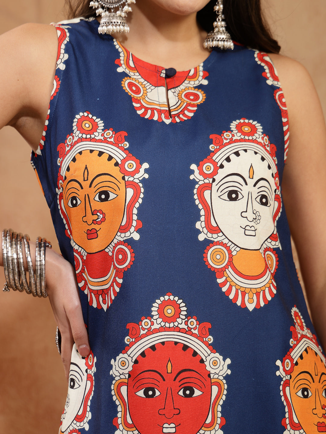 Women's Blue Kalamkari Face Printed Rayon A-Line Kurta Palazzo Set